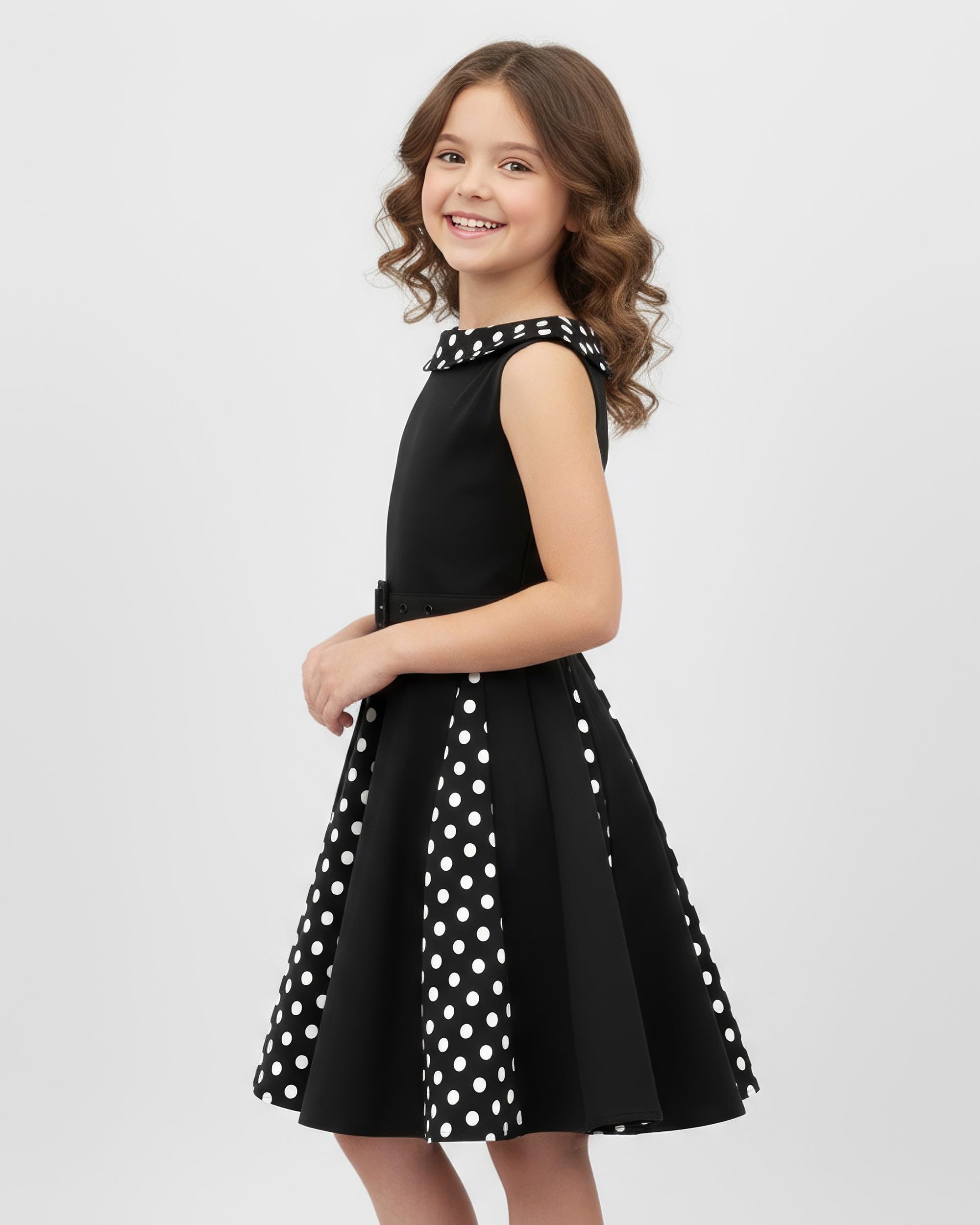 BlackButterfly Vestito Bambina Alexia a Barchetta | Gonna a Ruota, Pannello a Pois, Senza Maniche, Foderato, Zip Dietro, Cintura Removibile, 3-14 Anni