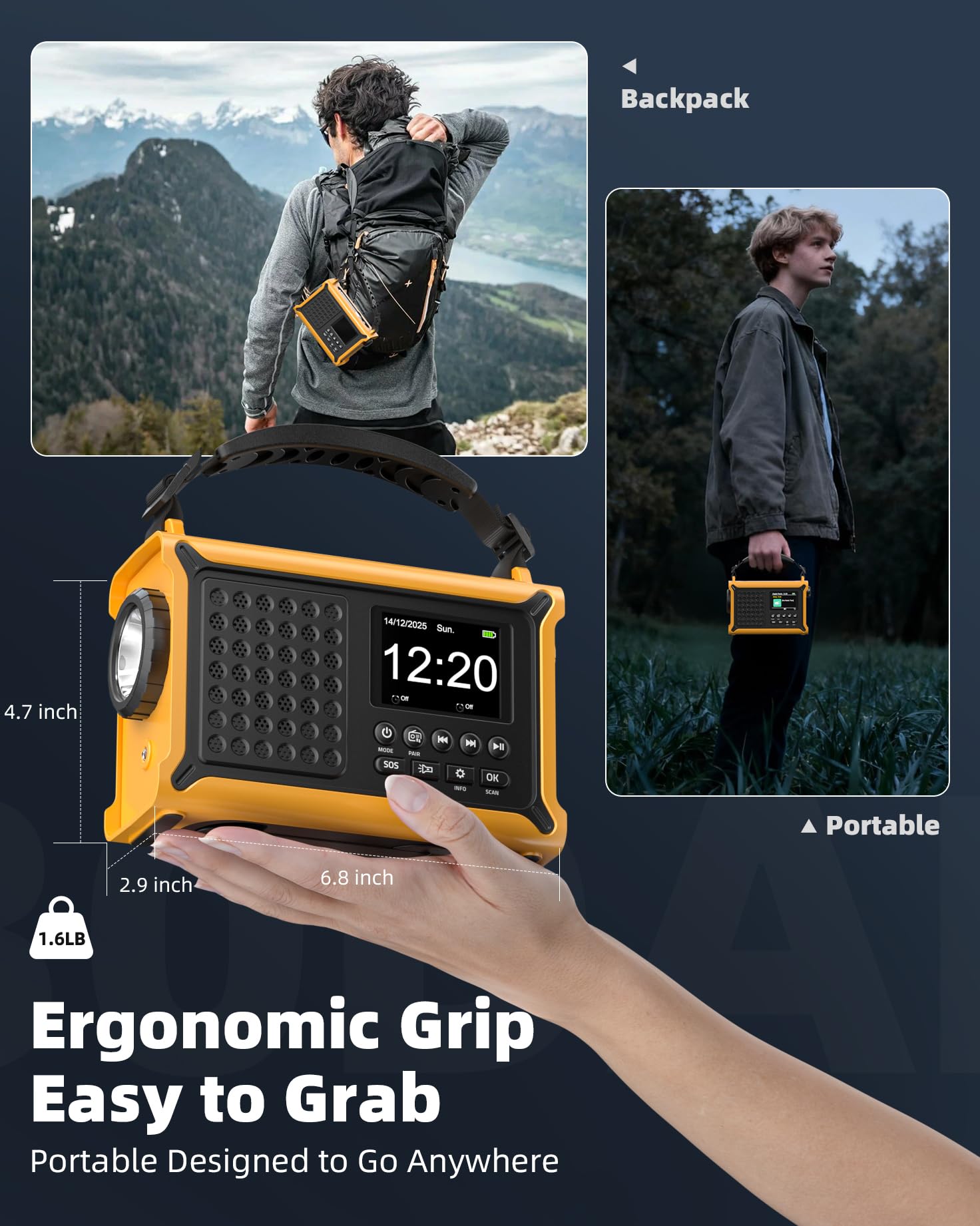 Radio solar, 12000 mAh, DAB/DAB+/FM, radio de emergencia con panel solar de 8500 mm² y manivela de 650 mA, radio dinamo con Bluetooth, como linterna y cargador, USB, para camping, emergencia (amarillo