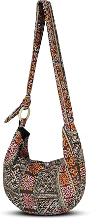 Hobo Crossbody Bag for Women Handmade Cotton Boho Purse with Wooden Ring | Lightweight Slouchy Shoulder Sling Tote Bag