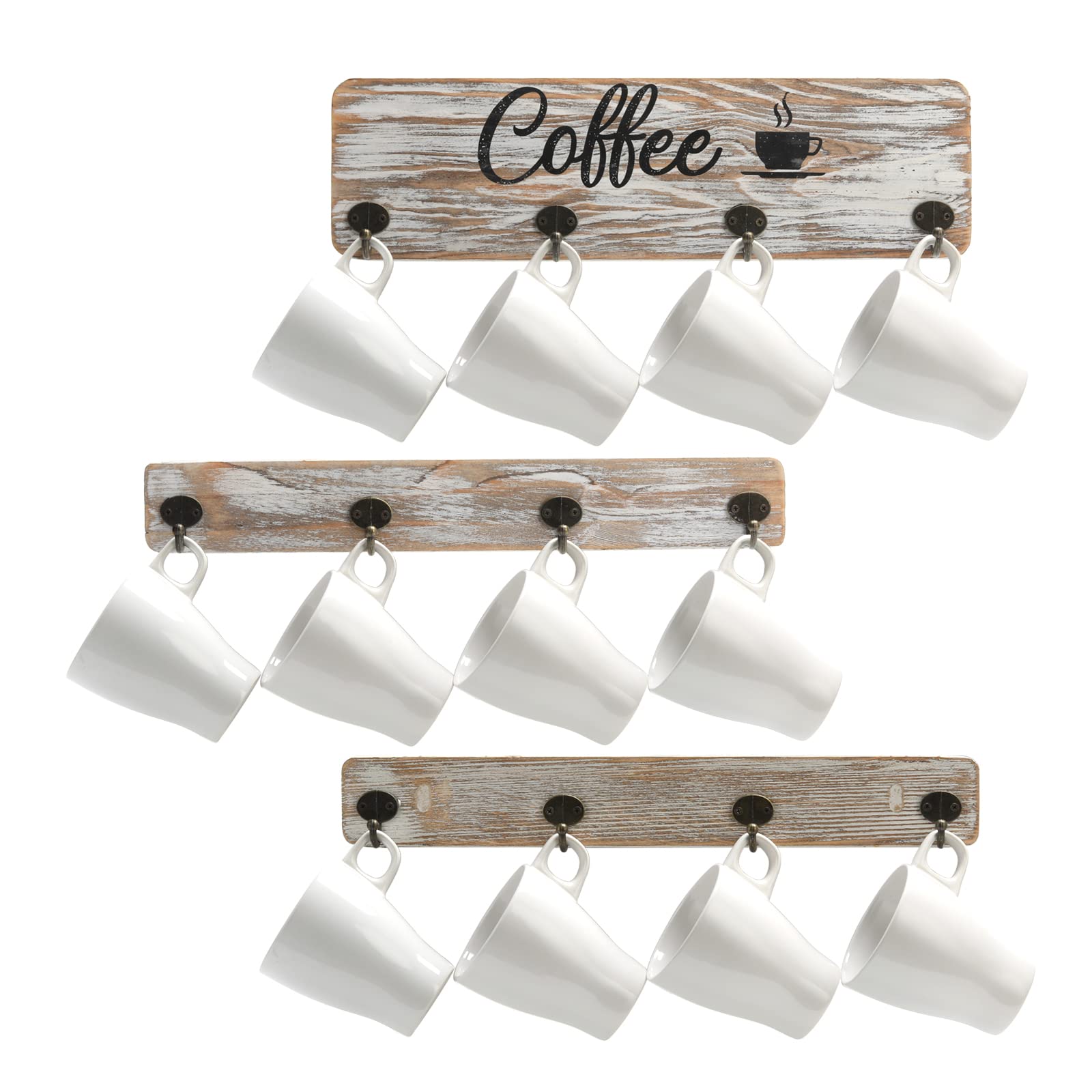 superbpag3 Pcs/Set - Coffee Cup Holder with Mug Hooks, Wall Mounted Cup Rack Rustic Wood Organizer Home Office Kitchen Display Storage Collection White Coffee Nook Décor