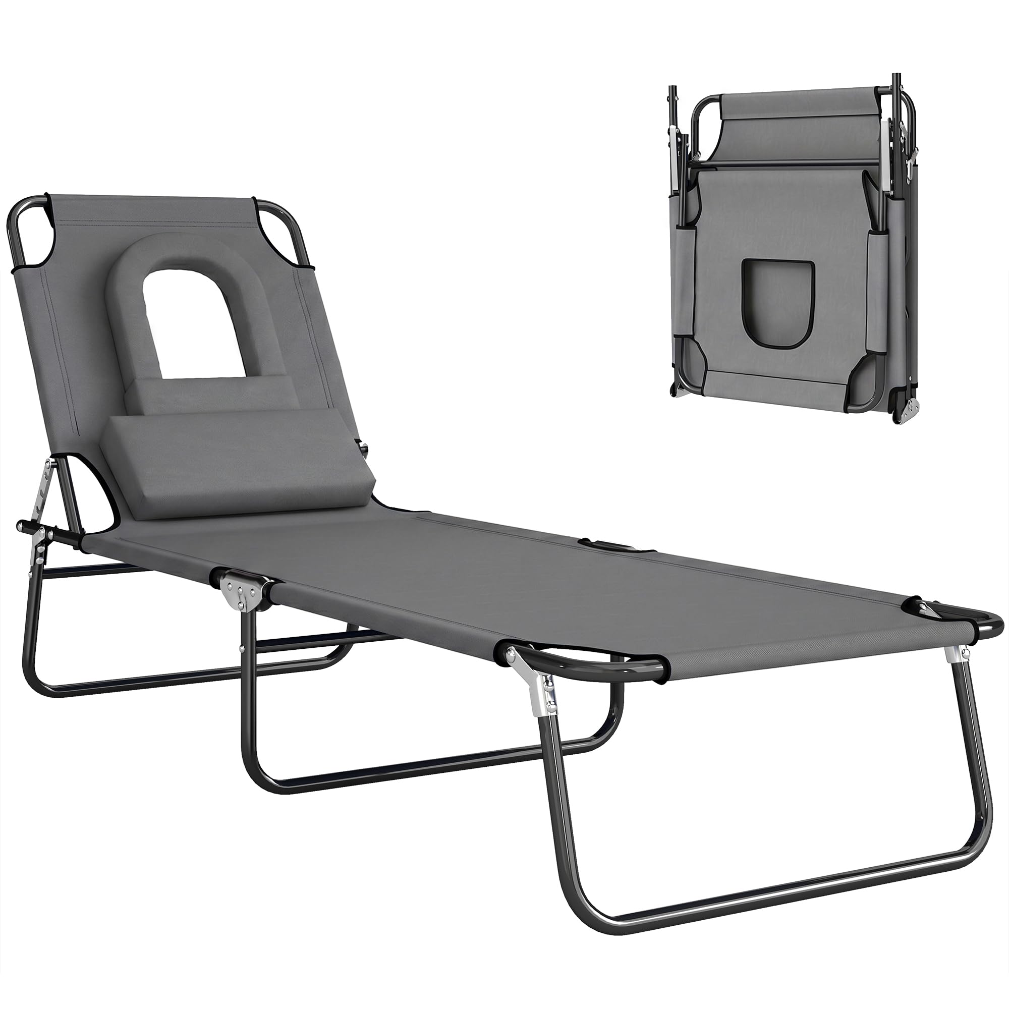 Outsunny Folding Sun Lounger Reclining Chair W/ Pillow Reading Hole Grey from B&Q