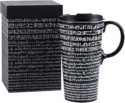 TZSSP Taza de cerámica para café, taza de viaje, taza de té de porcelana con tapa, 17 onzas, piedra rosetta, color negro