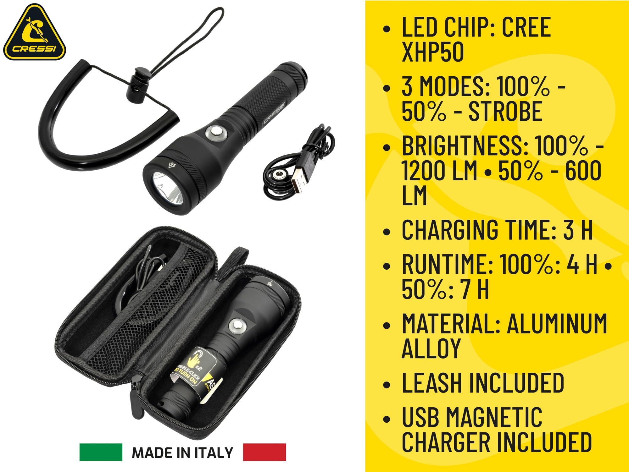 CRESSI Astra 1200 latarka podwodna LED o wysokiej jasności, 1200 lumenów, wodoodporna, IPX8, 100 m, unisex, czarna i kompaktowa, do nurkowania, wędkowania, eksploracji wodnych