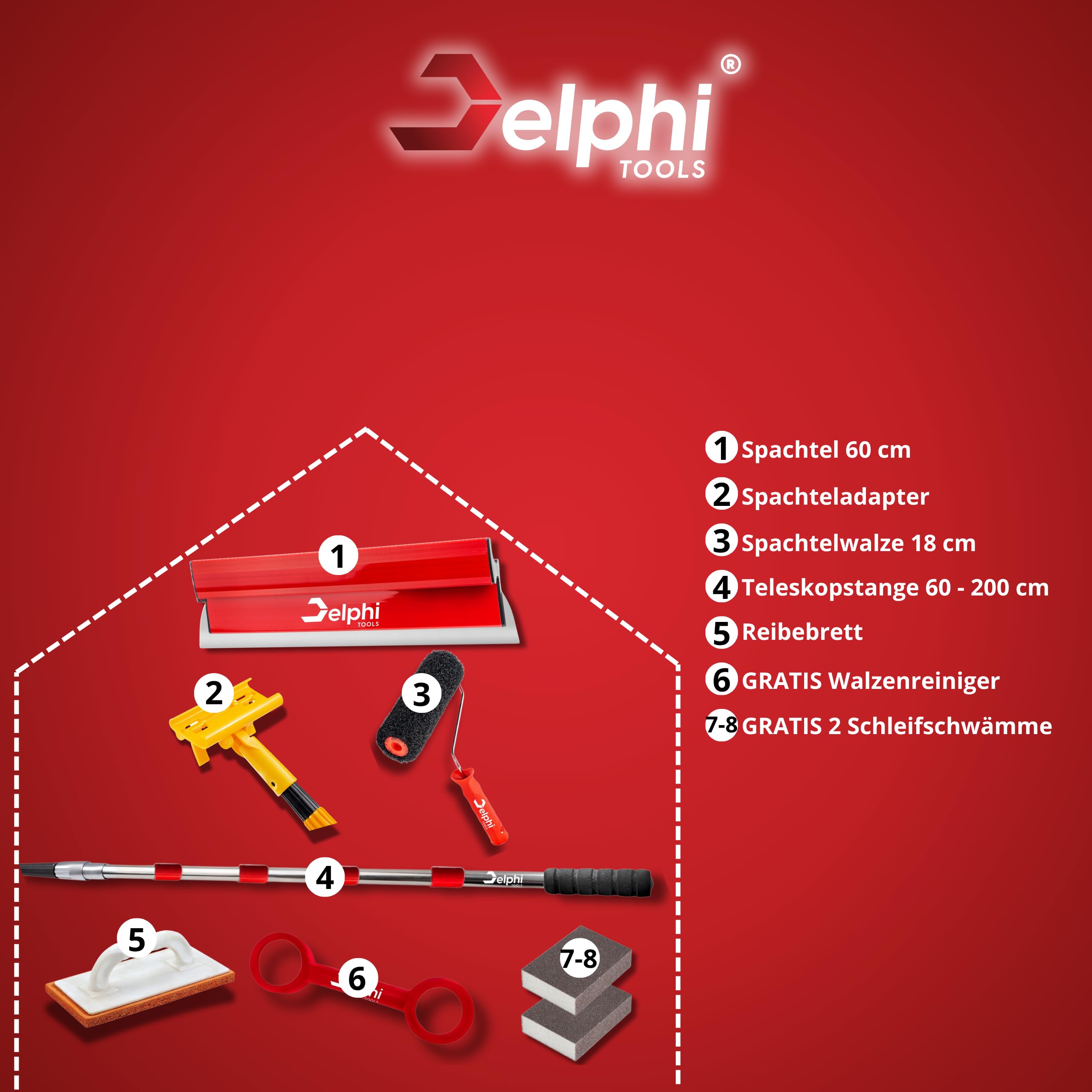 Delphi 8-Teiliges Flächenspachtel Set 60cm mit Spachtelwalze - 2m Teleskopstange mit Ergonomischem Griff erleichtert das Auftragen von Spachtelmasse