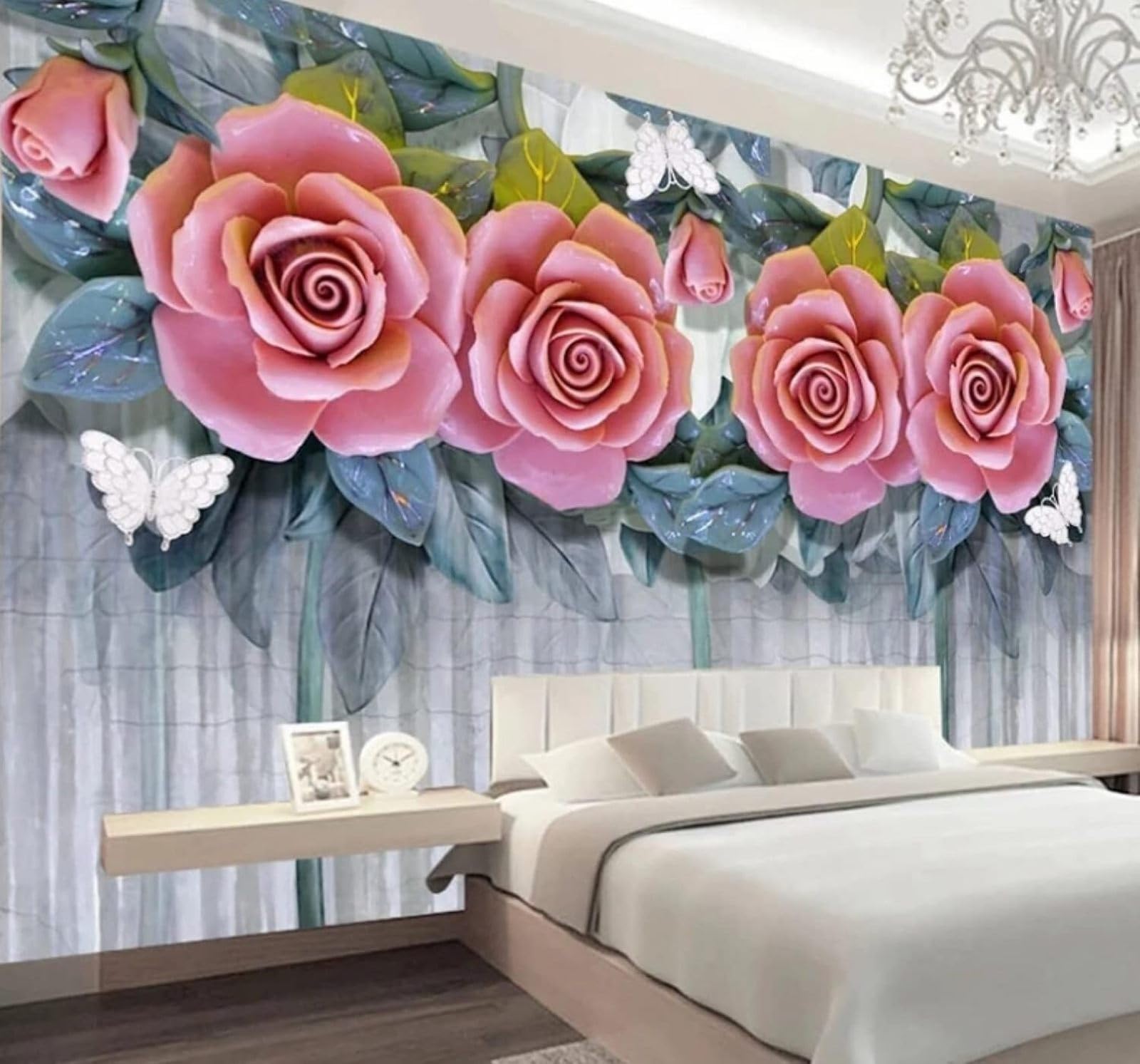XLMING Embossed Three Dimensional Pink Roses Butterflies 3D Wallpaper Luxury Home Dining Decor Paste Sofa Living Room The Wall for Bedroom Mural-150cm×105cm