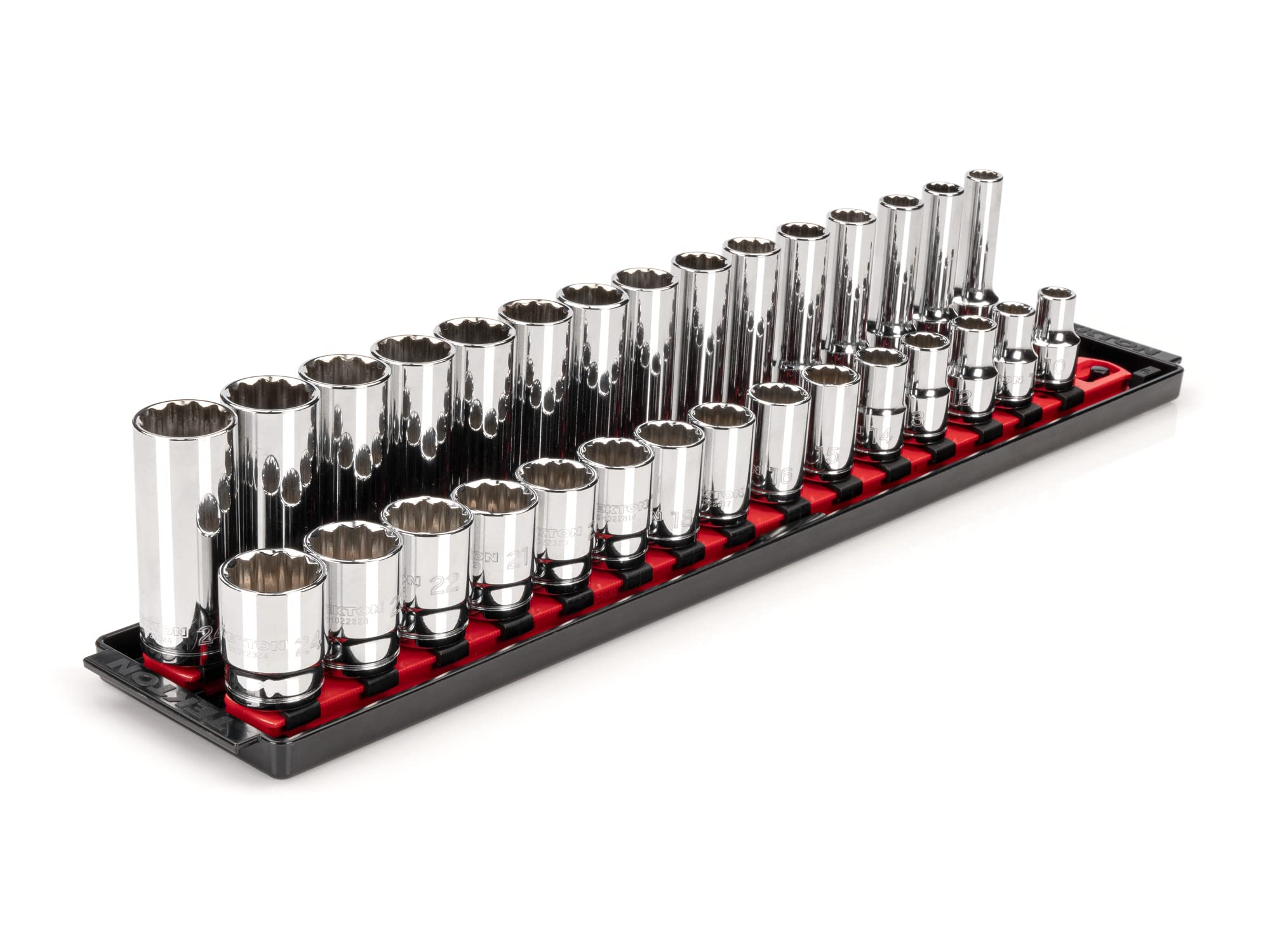 TEKTON 1/2 Inch Drive Shallow and Deep 12-Point Socket Set with Rails and Tray, 30-Piece (10-24 mm) | SHD92212
