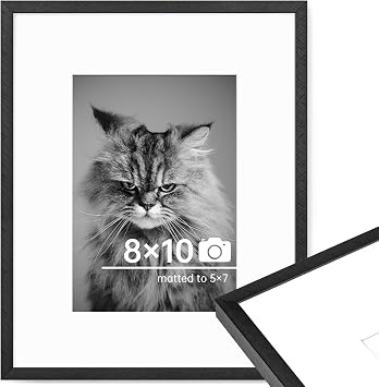 8x10 Metal Picture Frame, Thin Aluminum 8 x 10 Photo Frame with 5x7 Mat, Cross-Hatch Brushed Design, High Definition Plexiglass, Vertical and Horizontal Display, Wall Hook Hanging Hardware Included, Black