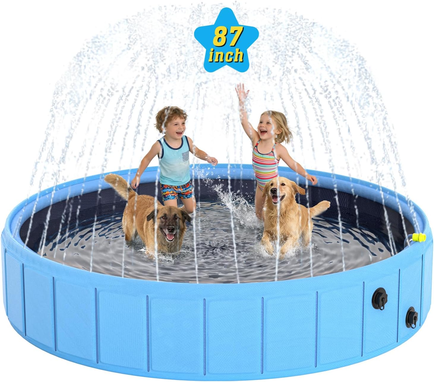 Foldable Dog Pool with Sprinkler, 87'' Extra Large Non-Slip Dog Swimming Pool, 2-in-1 Outdoor Backyard Pet Bathing Tub with Drain Plug for Dogs Kids Pets Ducks