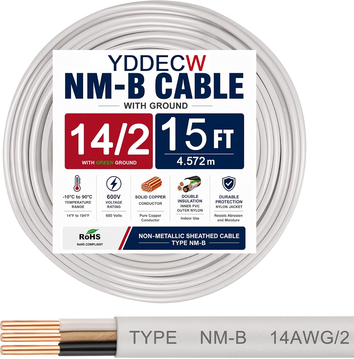 14/2 NM-B Wire with Ground - 15FT 14 Gauge Non-Metallic Sheathed Cable Pure Copper 14 AWG 2 Conductor Residential Indoor Wire for Outlets, Switches and Other Loads etc.