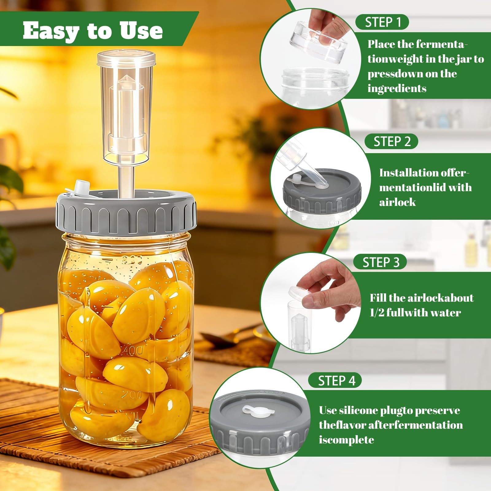 Frasco De Fermentación De Vidrio 1 Litro con Pesas y Bloqueo de Aire Kit para Kimchi Kombucha Chucrut