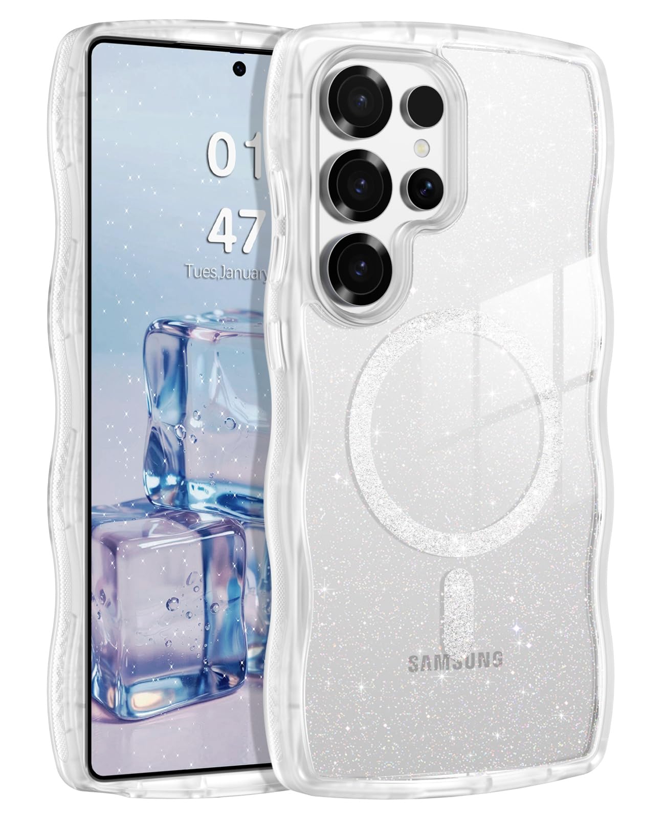 BENTOBEN Magnetic for Samsung S25 Ultra Case Clear Glitter, Cute Curly Wave Frame Galaxy S25Ultra Phone Case with Magsafe, Girls Women Shockproof