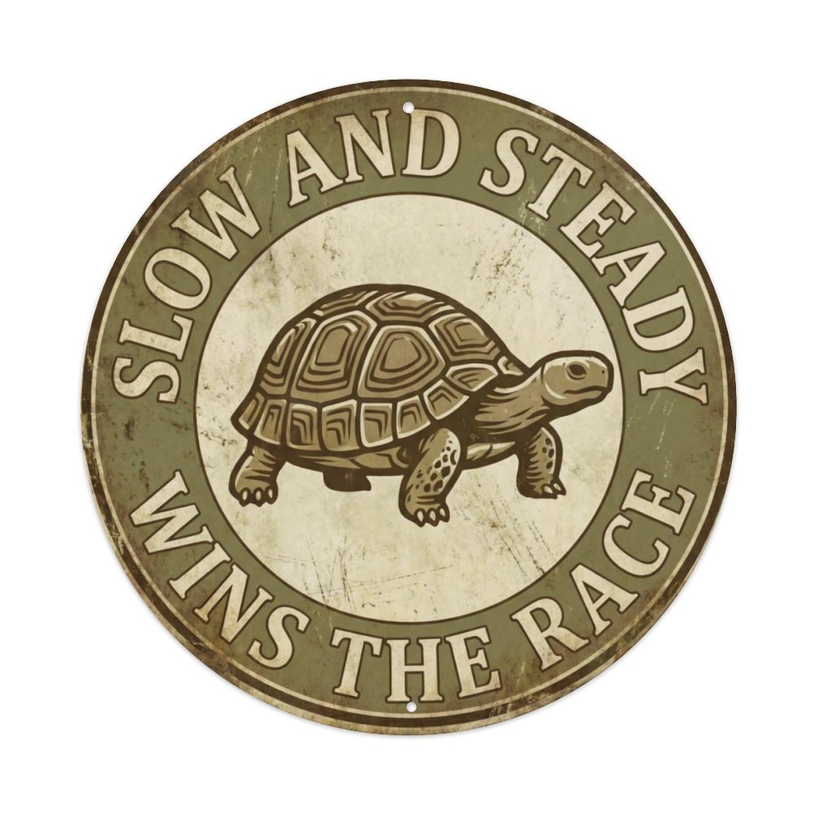 Fqcyn Style Slow And Steady Wins Race Nostalgic Indoor Ornament Retro Slogans Metal Tin Sign Plaque Wall Decor For Cafe, Club Bar, Office, Home Garden Round Metal Poster 8X8inch