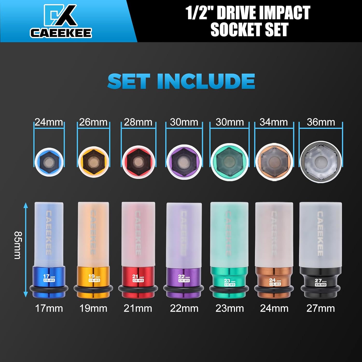 7PCS 1/2" Drive Deep Lug Nut Impact Socket Set, Non-Marring Thin Wall Wheel Protector Socket，CR-MO, 6 Point, Metric 17, 19, 21, 22, 23, 24, 27, Color Coded