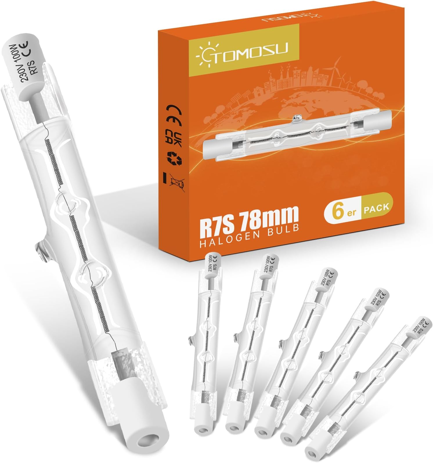 Tomosu R7s Halogen Light Bulb 78 mm 100 W 1800 LM 230 V Dimmable R7s Halogen Light Bulb Warm White 2800 K J78 Pencil for Landscape Lighting, Safety, Floor Lamp, Pack of 6