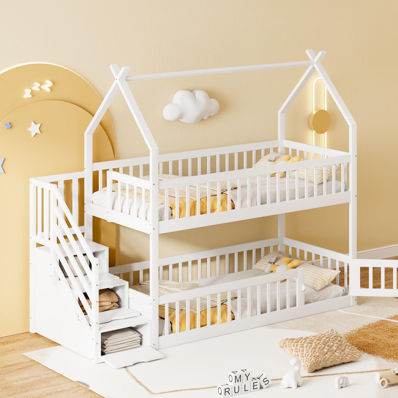 Sweiko Lit superposé pour Enfants 90 x 200 cm, Cadre de lit Simple en Bois Massif avec Toit, escalier sécurisé et tiroirs de Rangement (White)