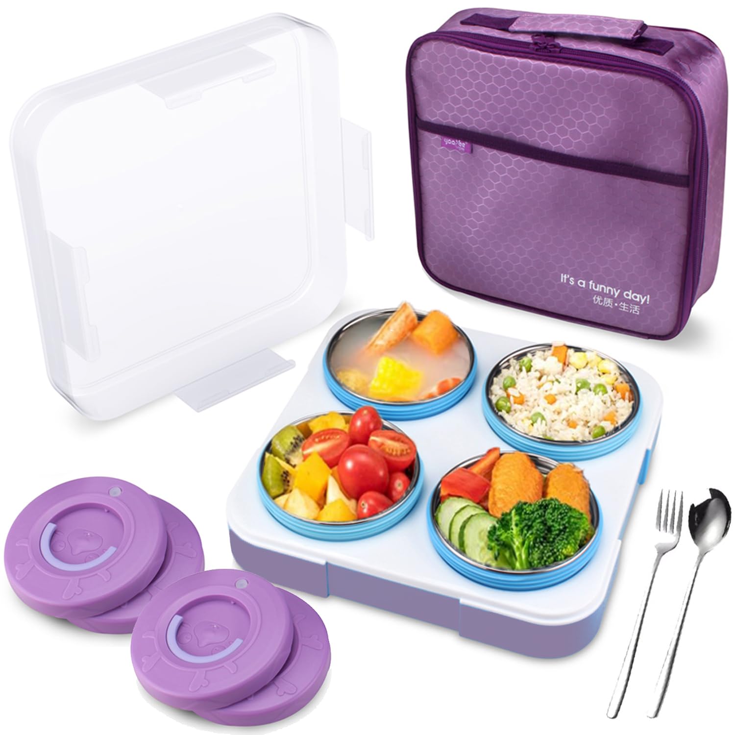 GGEROU Stainless Steel Lunch Box for Kids Adults,Insulated Bento Lunch Box with Tableware & Bag,880ML 4 Compartment Divided Lunch Containers with Lids,Leakproof | BPA Free | Dishwasher Safe （Purple）