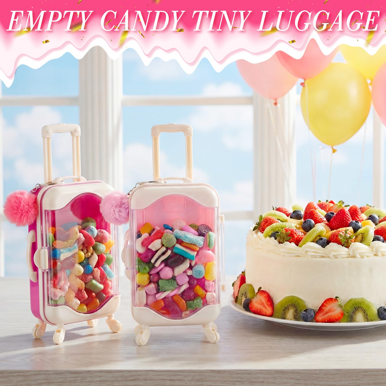 LemonRoad 48 Stück leere Mini-Koffer-Geschenkbox und Plüschkugel-Schlüsselanhänger, transparent, für Süßigkeiten, Gepäck, Aufbewahrungsbehälter, Koffer-Verpackung, Koffer für Hochzeit, Geburtstag
