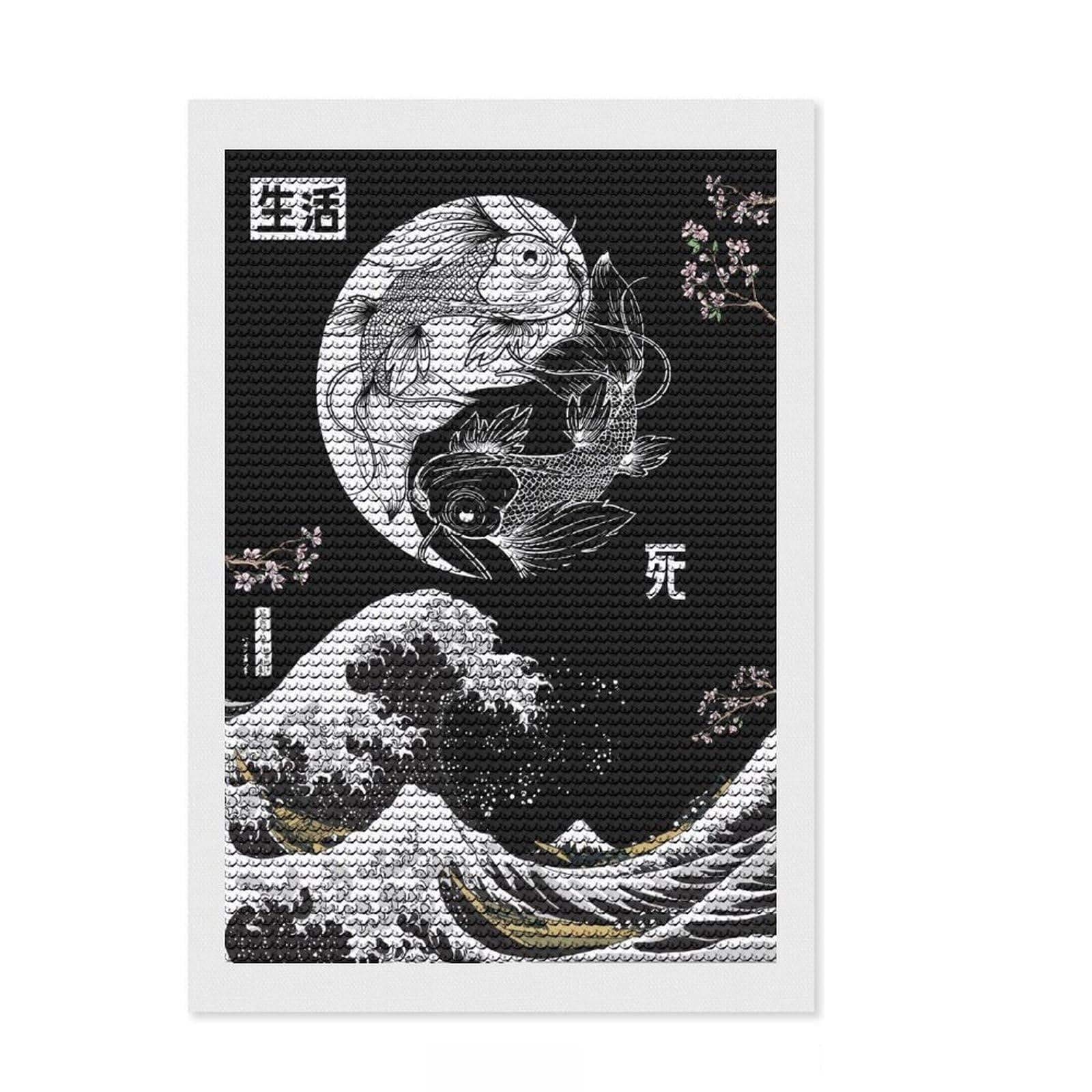 Junmoney Yin Yang Koi Fish Big Wave DIY Diamond Art Canvas Kit 8"x12", for Women, Relaxing DIY, Leisure Activity, Home Wall Art, Festive Home Decor