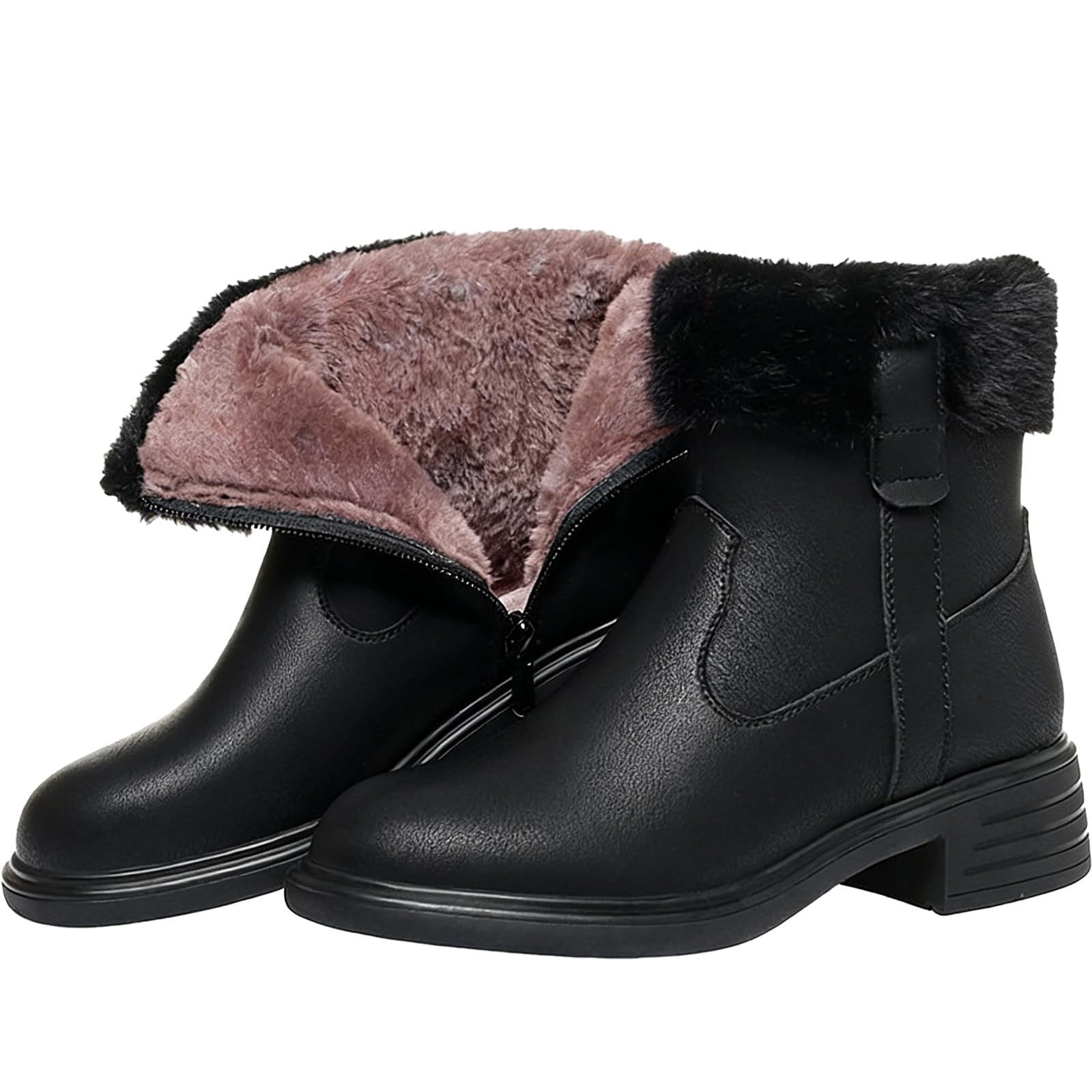 Womens Leather Chunky Heel Fur Lined Warm Snow Boots With Side Zipper Fashion Comfortable Round Toe Fold Over