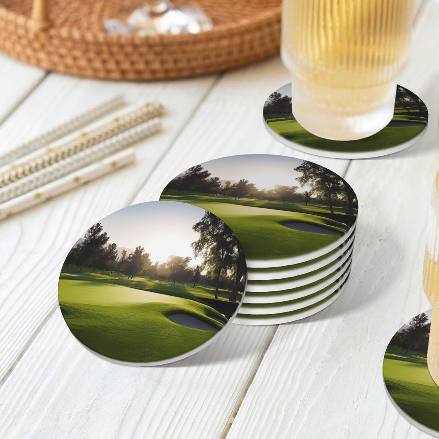 ドリンクコースター6枚セット セラミックコースター ホルダー付き ゴルフコース ラウンドコースター ドリンク用 卓上保護 カップマッ