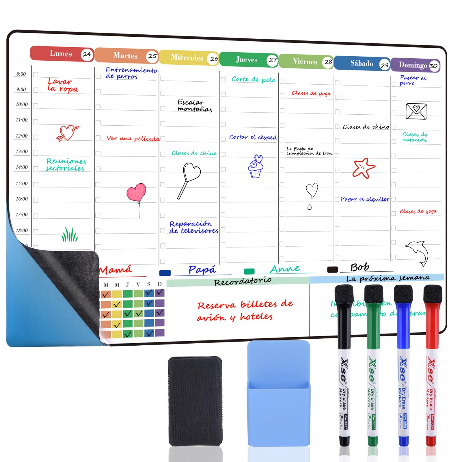 POPRUN Pizarra Blanca Calendario da Adhesivo, Planificador Semanal con Horario Aplica Nevera, Pared y Puerta, Ideal Planificador de Menú, Pizarra Cocina, Lista de la Compra, 42×28cm - en Español