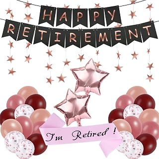SAVITA 29pcs Happy Retirement Party Decorations Supplies Kit, Retirement Party Decorations Banner Retirement Sash Latex Confetti Balloons Retirement Photo Booth Kit for Women Men (Rose Gold)