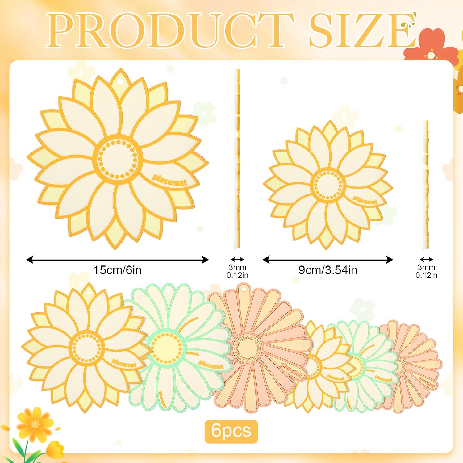 6 Pack PVC Trivet Mats 6 Inch & 3.5 Inch Kitchen Daisy Hot Pads Nonslip Insulated Coasters for Hot Pot Dishes Pans Mugs Floral Pot Holders for Countertops Table Decoration