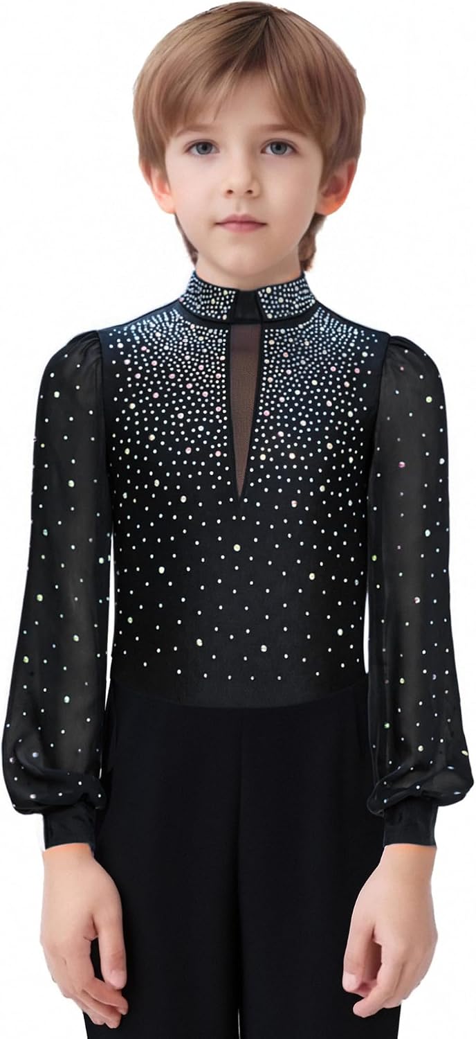 Freebily Kids Boys Gymnastics Leotard Long Sleeve Rhinestone Latin Jazz Ballet Dance Top Figure Skating Bodysuit