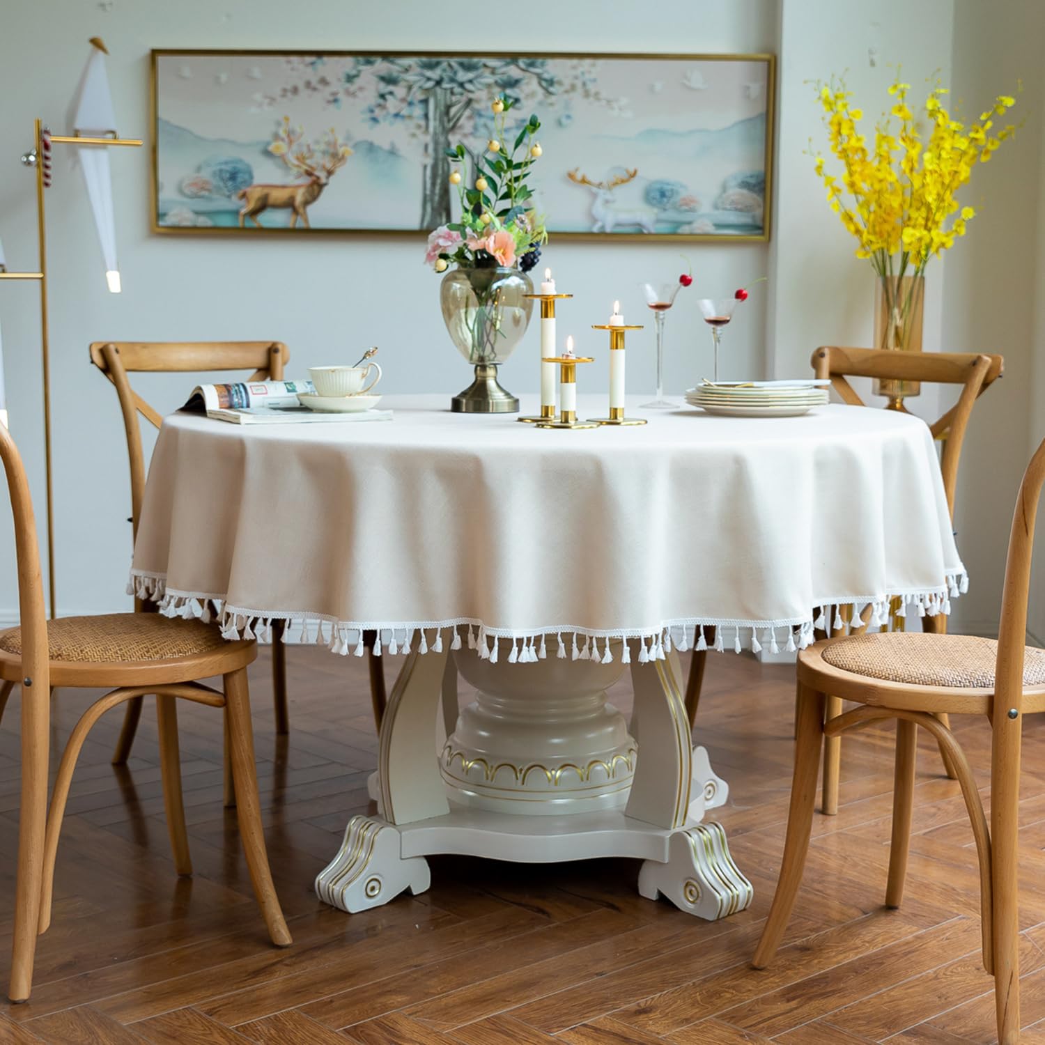 Mantel Redondo de algodón y Lino con Flecos, Beige Diámetro 220 cm, Apto para mesas Redondas de 150-170 cm de diámetro