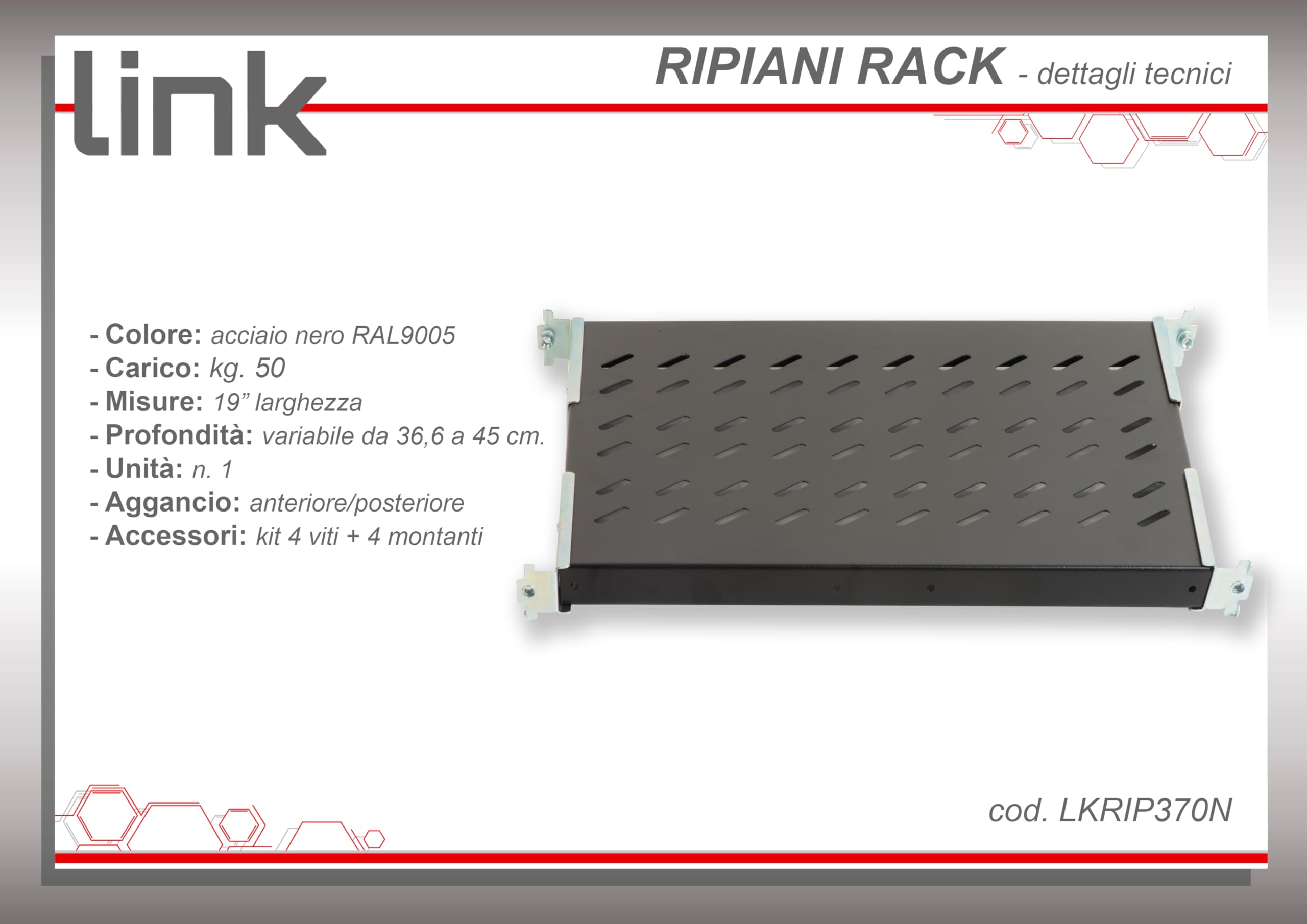 Mensola in acciaio per armadio rack 19" regolabile 350-450 mm, nero RAL9005, portata 50 kg