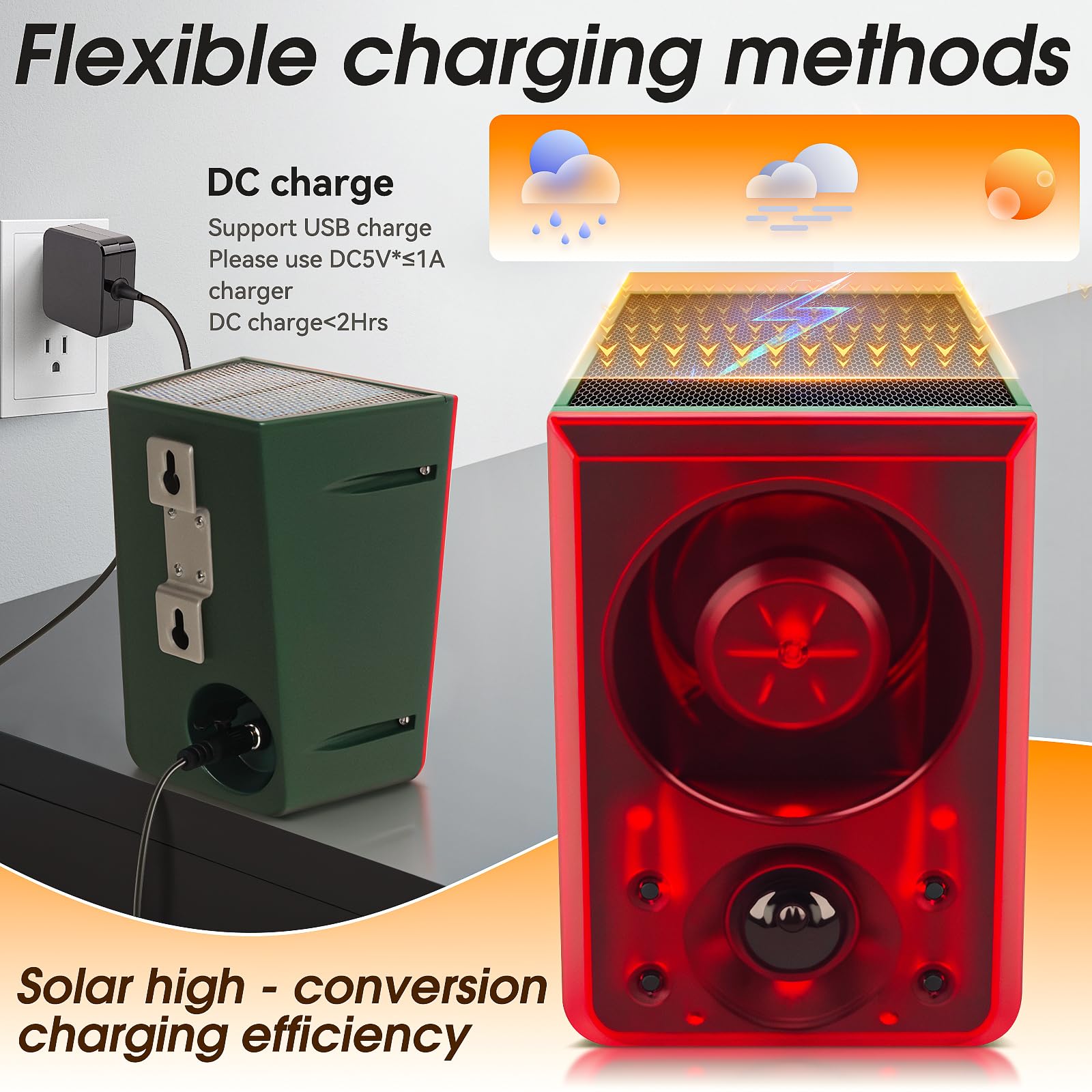 Alarma solar con sensor de movimiento para exteriores, activada por movimiento, disuasorio de ciervos, alarma de ladridos de perro activada por movimiento, sonido de ladridos y disparos,