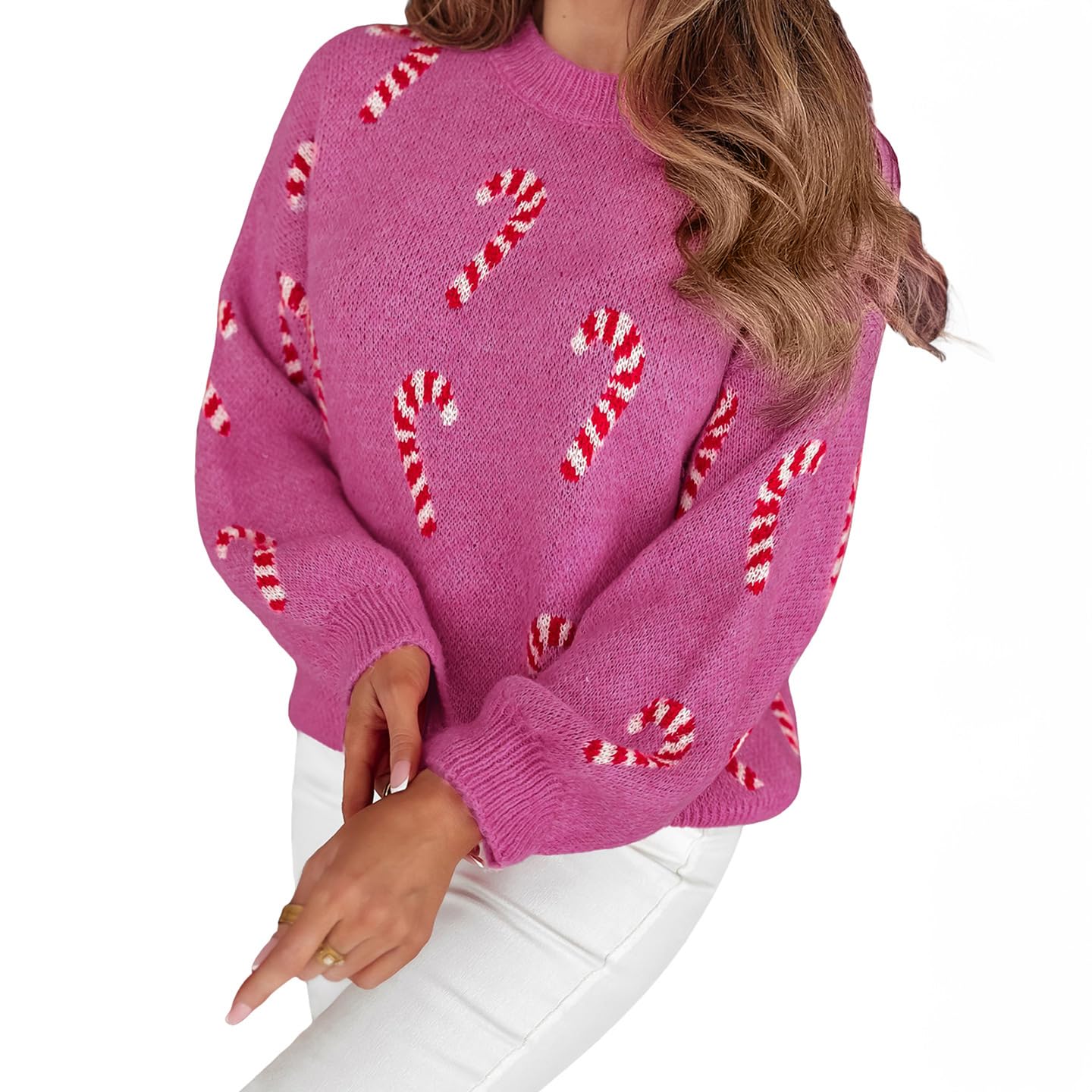 Melliflo Womens Cute Candy Cane Knit Sweater Christmas Mock Neck Long Sleeve Sweater Casual Loose Fit Pullover Sweaters