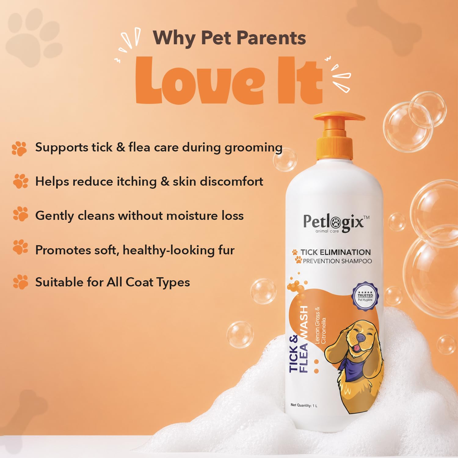 Petlogix Tick & Flea Dog Shampoo with Citronella & Lemongrass, Anti Itch Coat Cleanser for Dogs & Cats, Soothes Skin & Reduces Itching, SLS & Paraben Free (1 Litre) 2