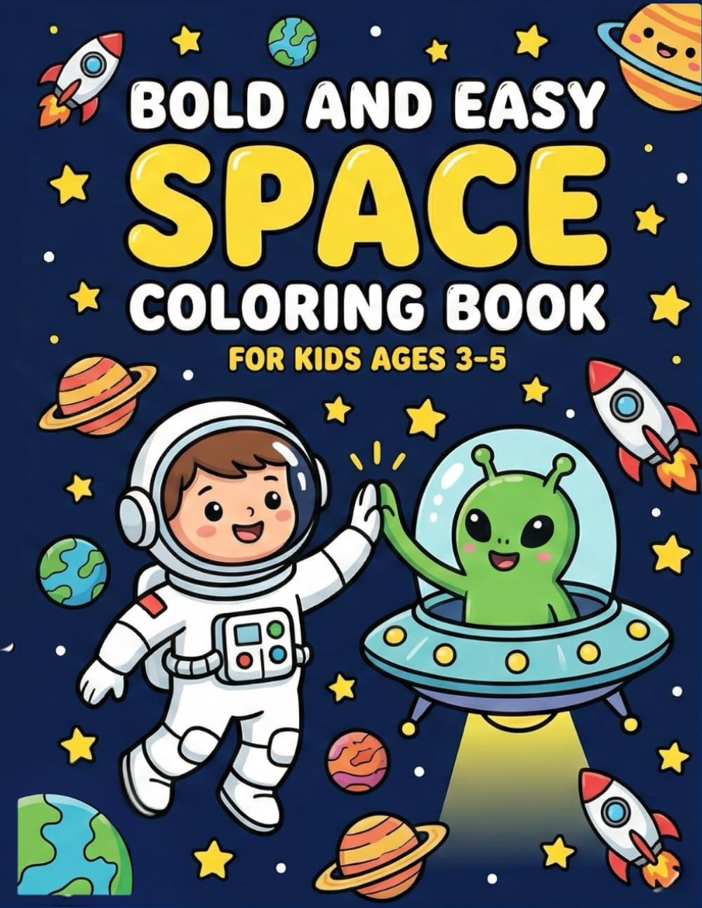 Bold and Easy Space Coloring Book: Cute and Simple Astronaut, Rocket, and Planet Illustrations for Kids Ages 3-5 | Fun Activity Gift for Toddlers and Preschoolers