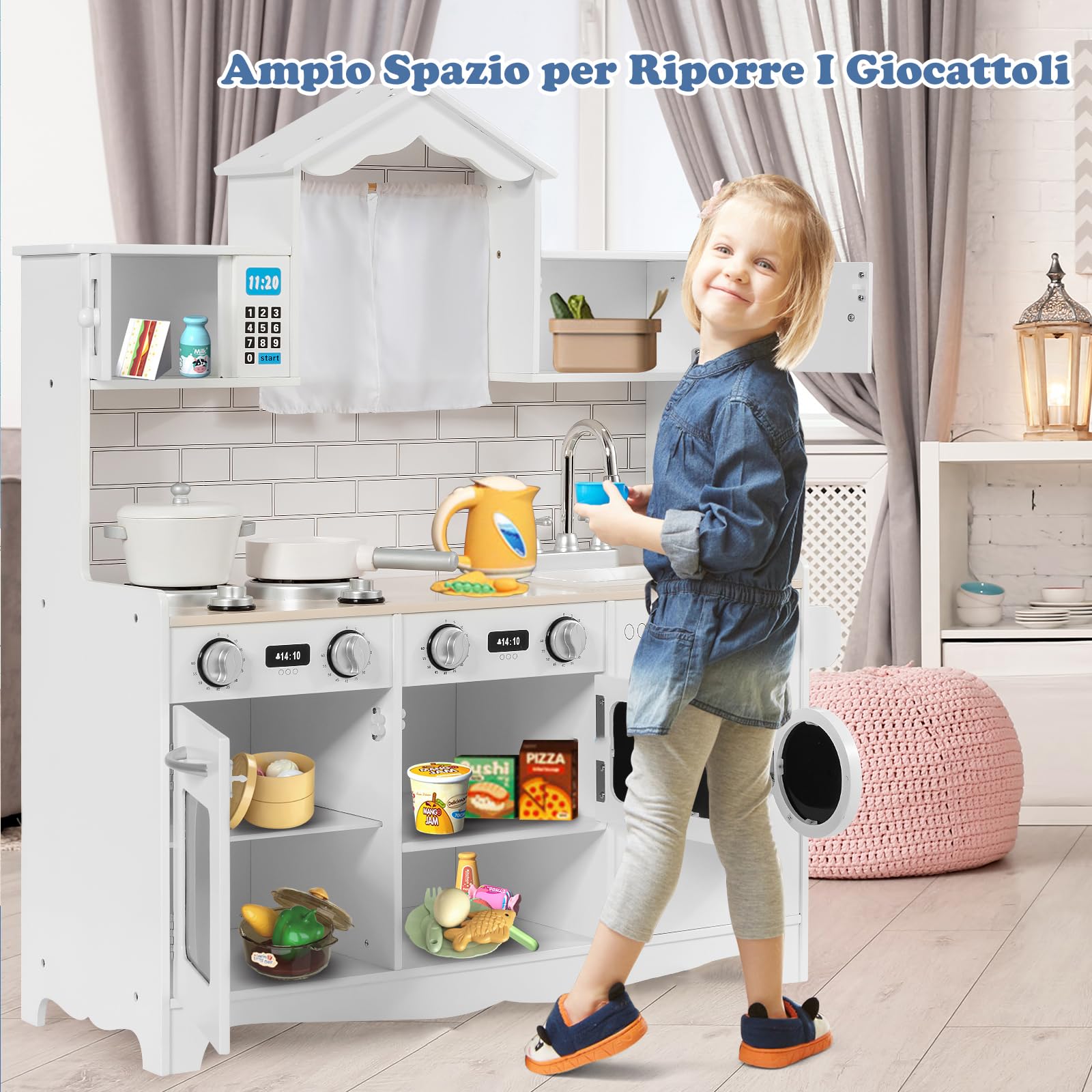 COSTWAY Cucina Giocattolo per Bambini, Cucina Legno per Bambini con Lavatrice, Piano, Cottura Forno e Microonde, 3 Anni+, Bianco