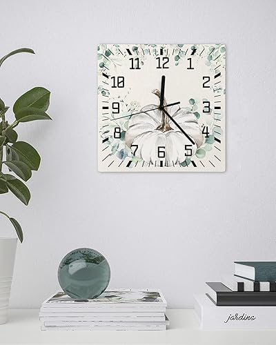 Miniatura 3 de Thanksgiving Wooden Wall Clock Silent Non Ticking, White Pumpkins Fall Eucalyptus Laves Burlap Square Wall Clock Battery Operated, Decor Clock for