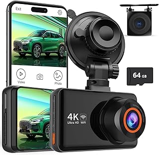 Dash Cam Front and Rear, 4K Dash Camera for Cars Built-in WiFi and Free 64GB TF Card 3" LCD Dual Dashboard Camera Driving Recorder with 170°Wide Angle, WDR, Night Vision, 24h Parking Monitor