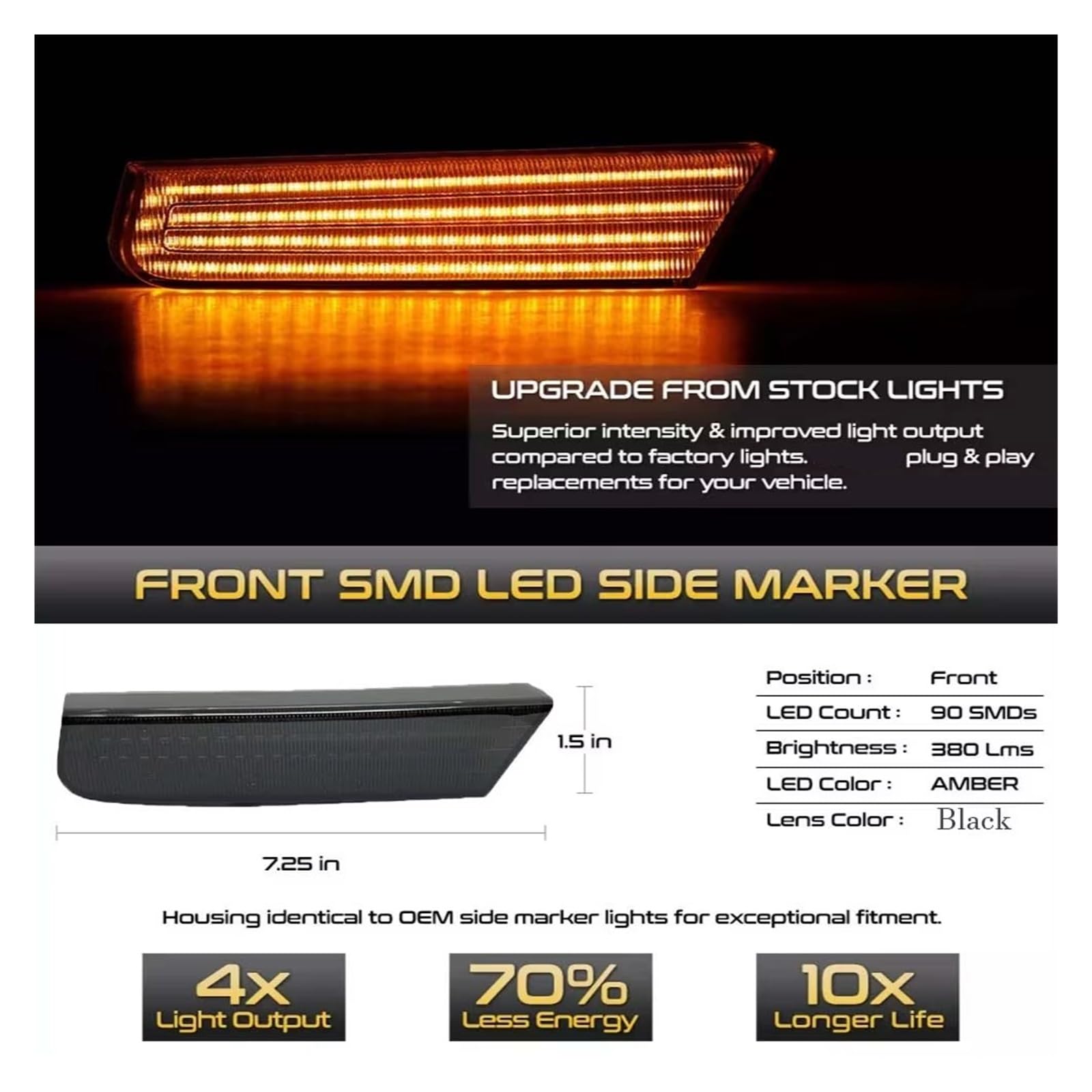 Intermitentes Dinamicos Luces LED Posición Laterales Parachoques Delantero Intermitentes Canbus Ámbar Ahumado 2 Unidades para Nissan para Xterra 2002-2004 OEM 261857Z800 Lámpara Señal Giro
