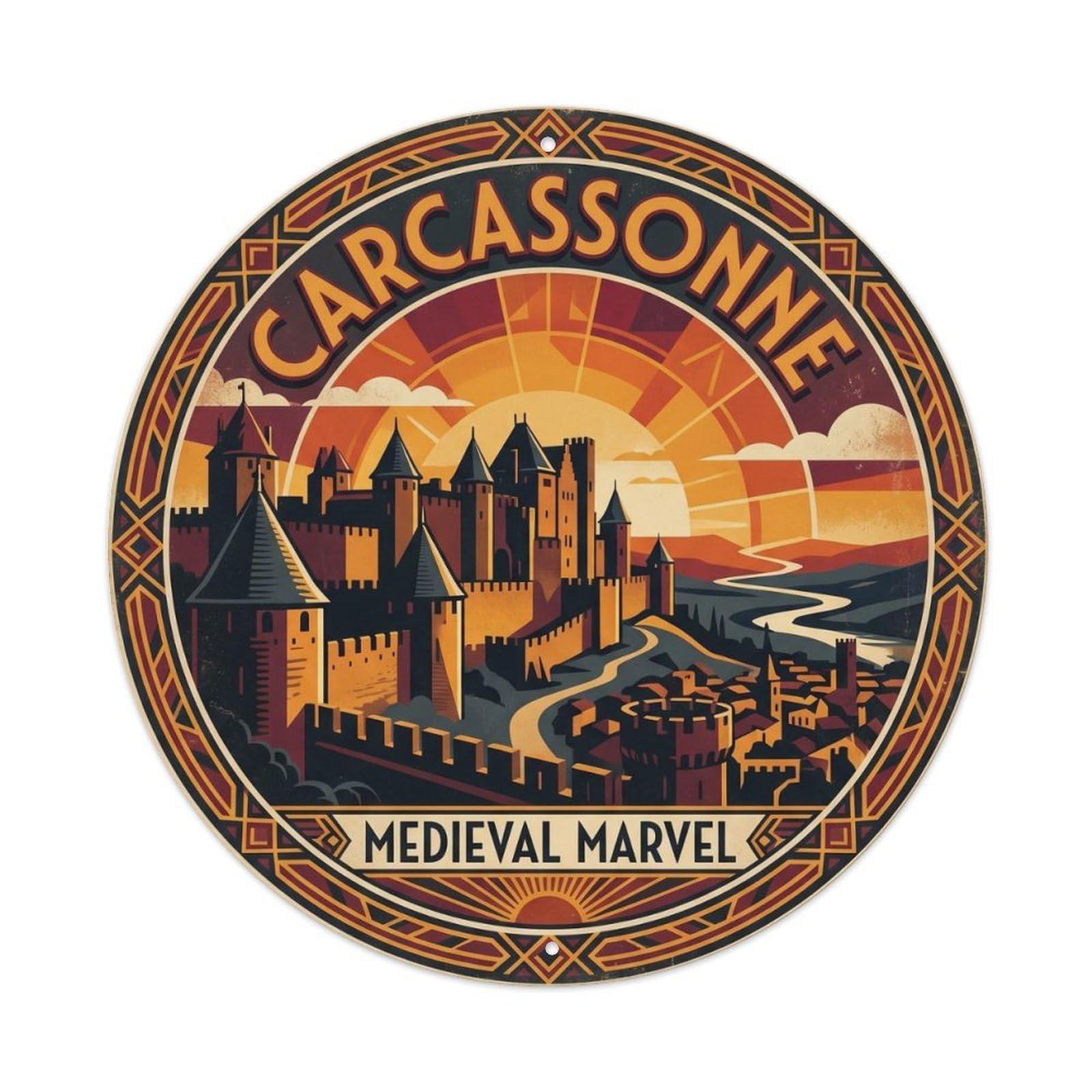 Cmhok Vintage Style Vintage Travel Carcassonne France Fortress Metal Tin Sign Plaque Wall Decor For Cafe, Club, Garden Round Metal Poster 8X8inch