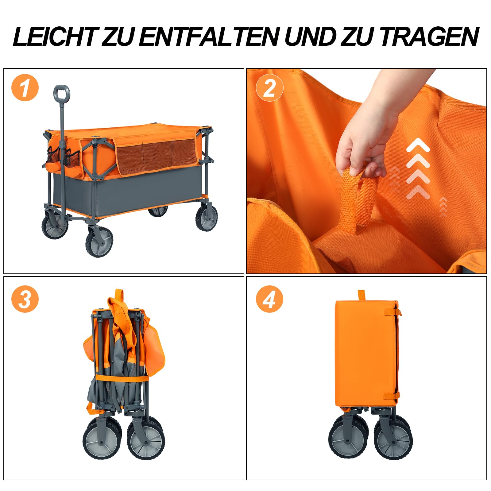 PORTAL Bollerwagen faltbar 300L XXL Große Ladefläche 120KG belastbar Handwagen mit Getränkehalter Seitentasche Transportwagen Leiterwagen klappbar Strandwagen Faltwagen für Garten Camping Festival