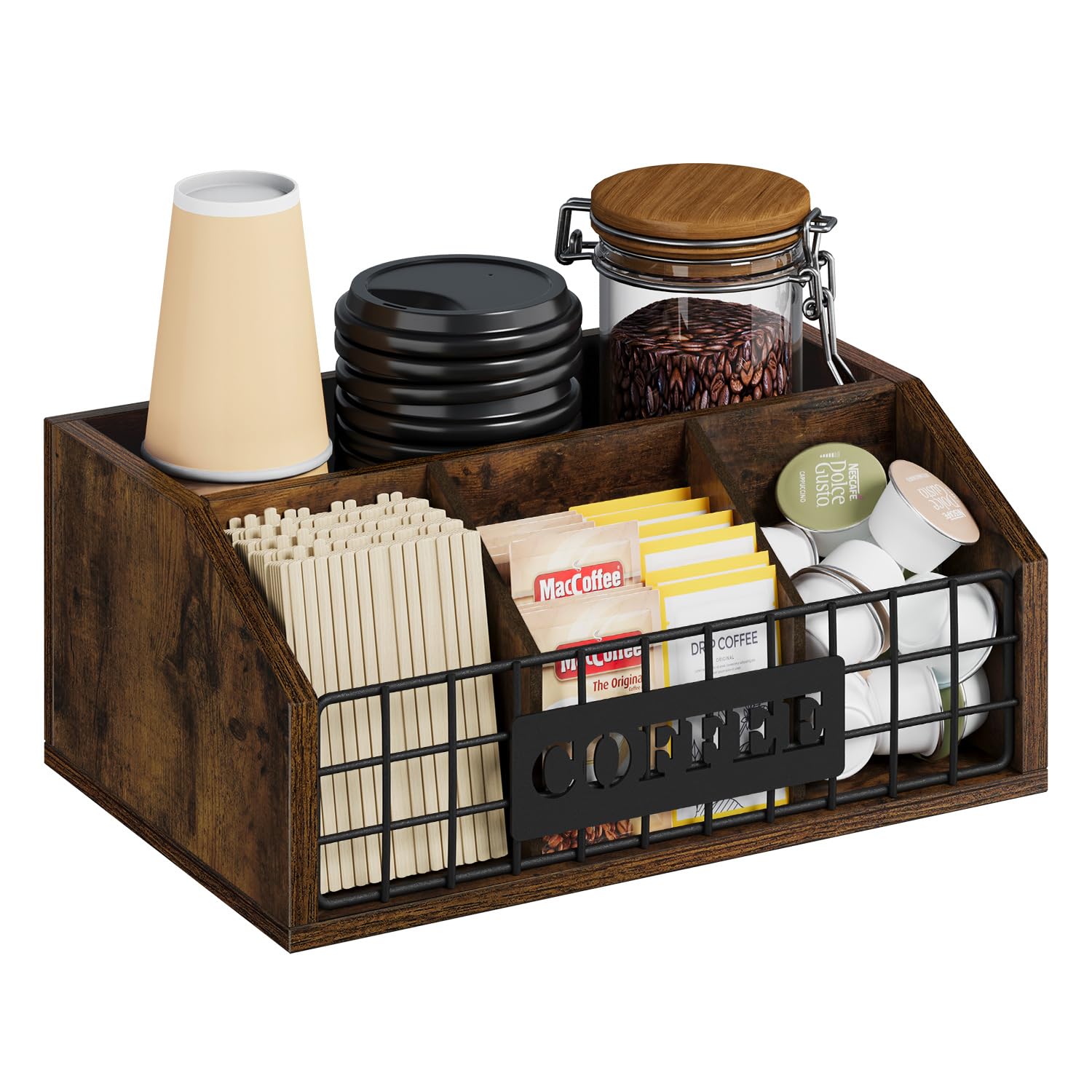 YINMIT Coffee Station Organizer for Countertop, Wood Coffee Bar Organizer with Removable Dividers for Pods, Syrup, Cups, Stirrer, Tea - Office Bar Accessories, Iron Wire-Vintage Brown