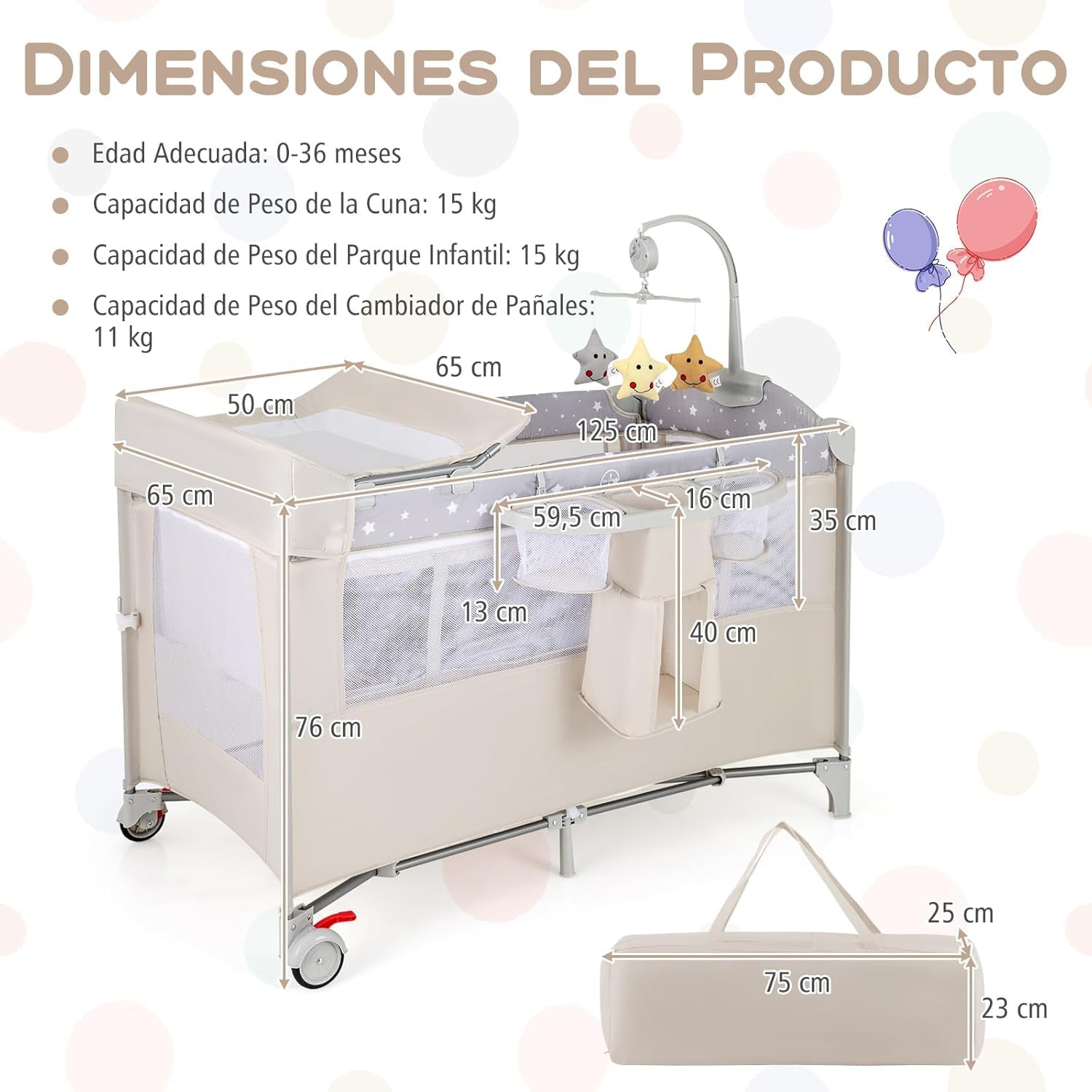 GOPLUS Cuna de Viaje para Bebé 5 en 1, Cuna Colecho Plegable con Cambiador de Pañales, Juguetes, Caja de Música, Colchón y Estante, Parque Bebe Portátil con Bolsa de Transporte (Beige)