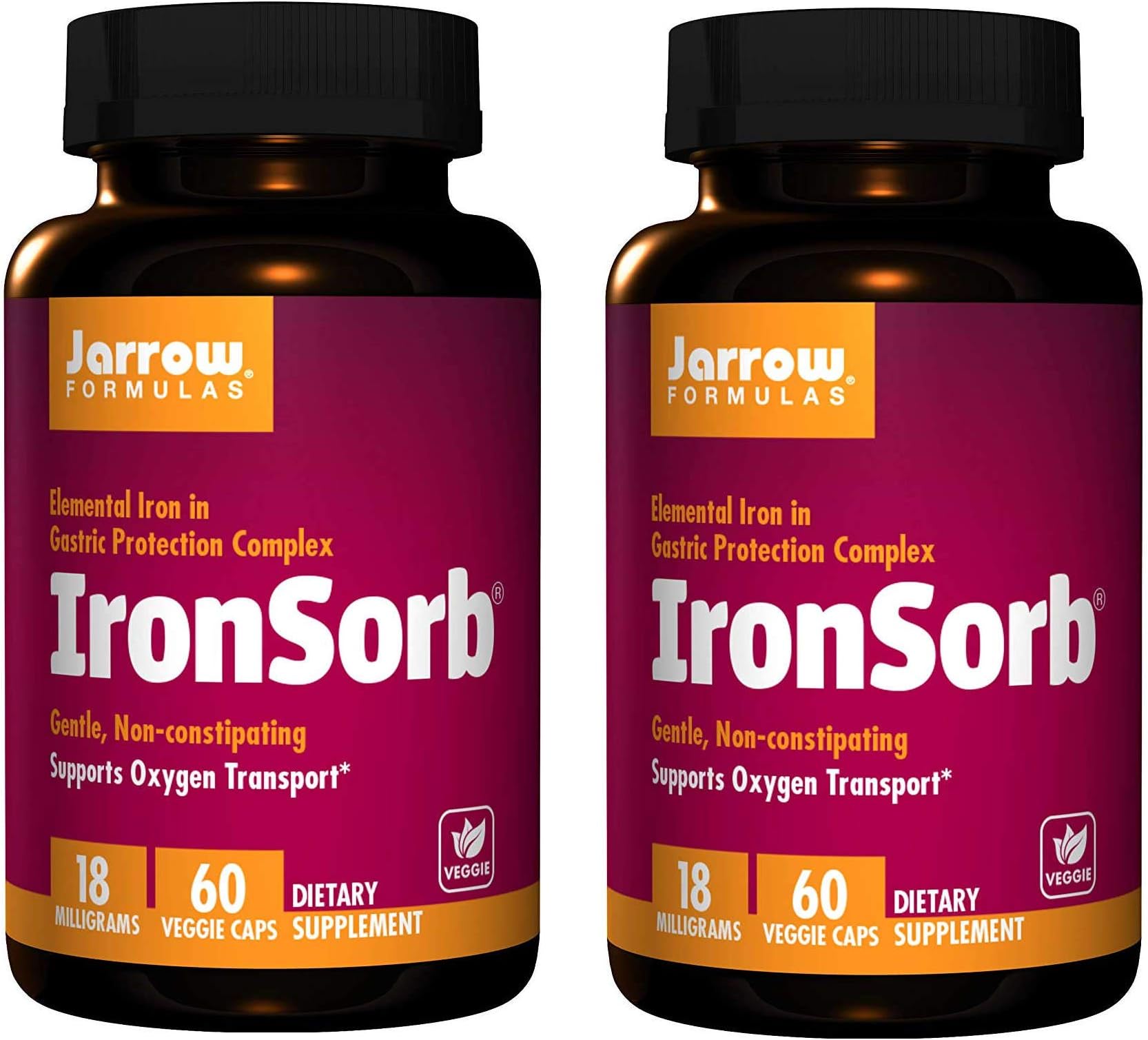 Jarrow Formulas IronSorb Elemental Iron in Gastric Protection Complex Supporting Oxygen Transport in Gentle, Non-Constipating Formula (60 Veggie Caps) Pack of 2