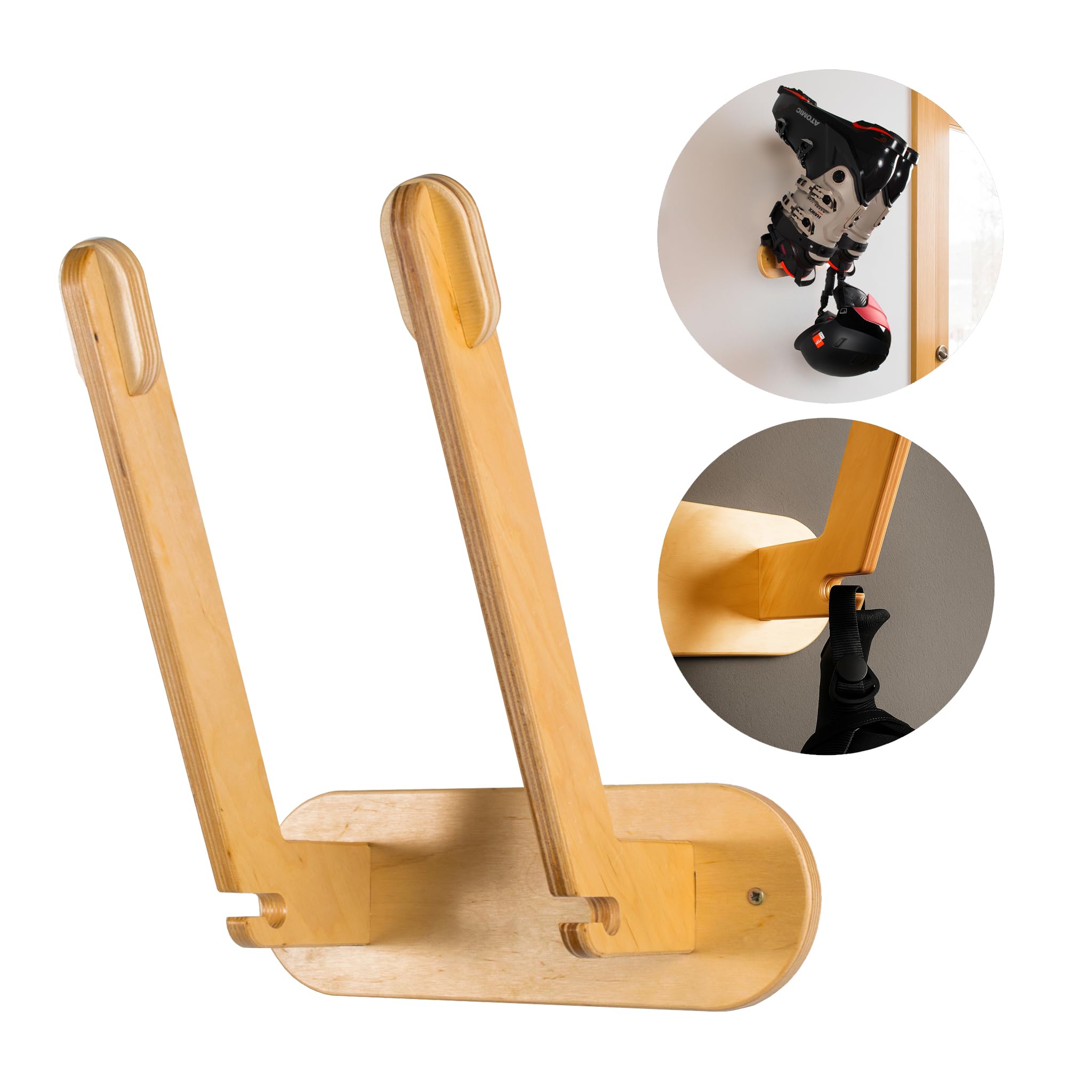 John Paddle Wandhalterung für Skischuhe & Snowboardboots – aus Birkensperrholz – nachhaltiger Holzhalter mit Haken für Helm und Skiausrüstung (1 Paar Schuhe)