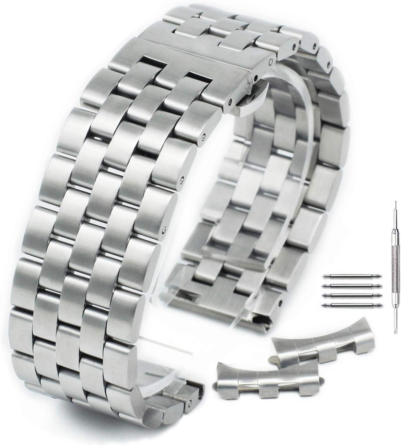 Curved Solid Stainless Steel Brushed Metal Watch Band Strap Buckle Clasp18mm-22mm Silver