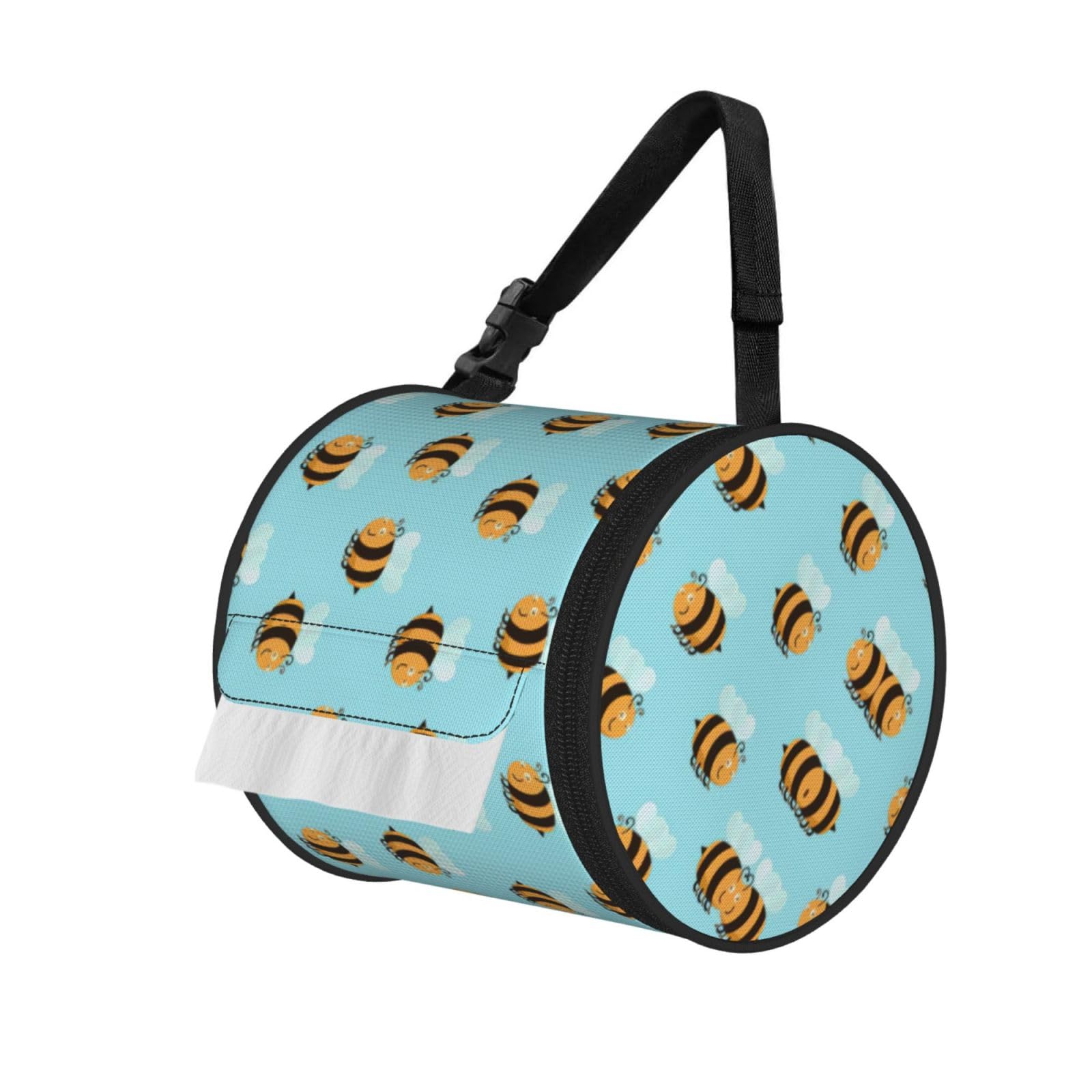 Jiuty Black Cartoon Bee Pattern Print Cylinder Tissue Organizer Bag With Strap, Portable Toilet Roll Holder For Camping Car
