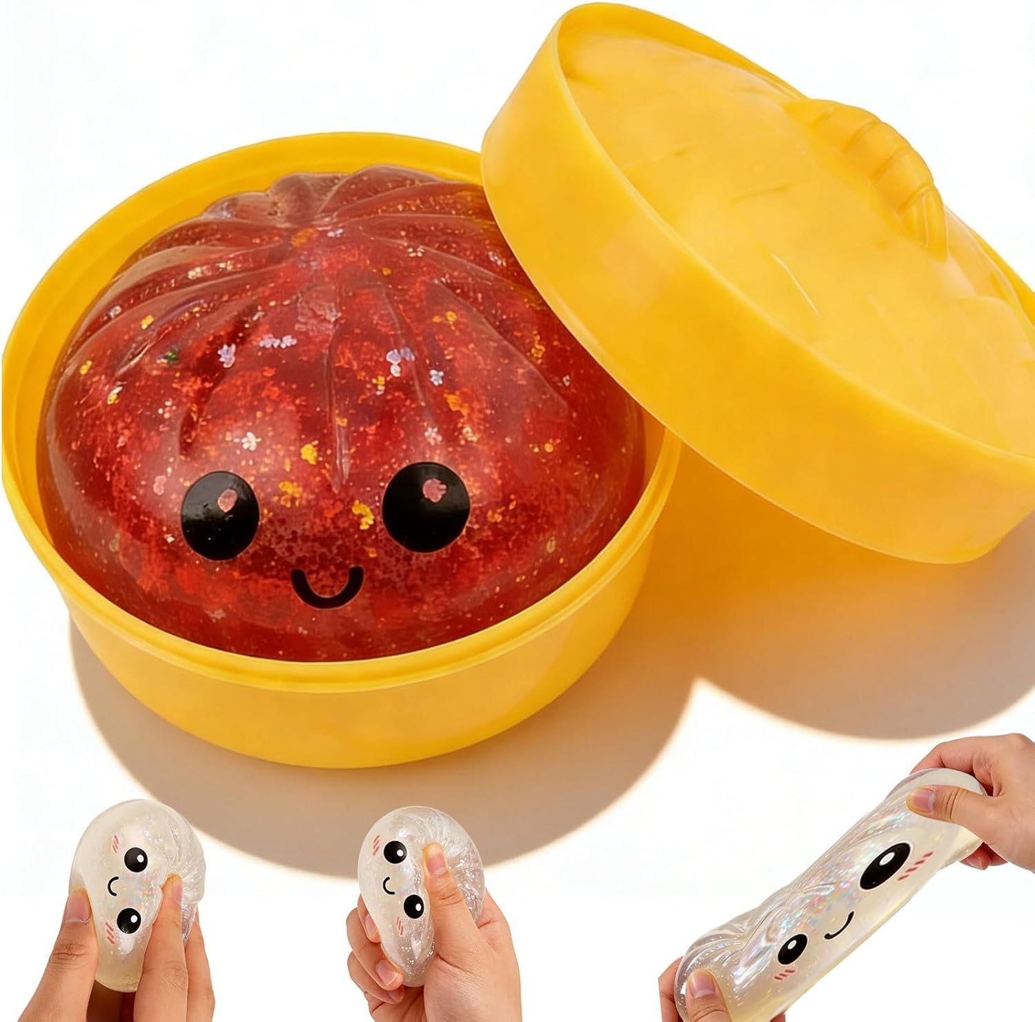Giant Glitter Dumpling, Giant Mystery Dumplings, Dumpling Toy with Steamer Box, Slow-Rising Sensory Decompression Dumpling for Family Friends (Red)