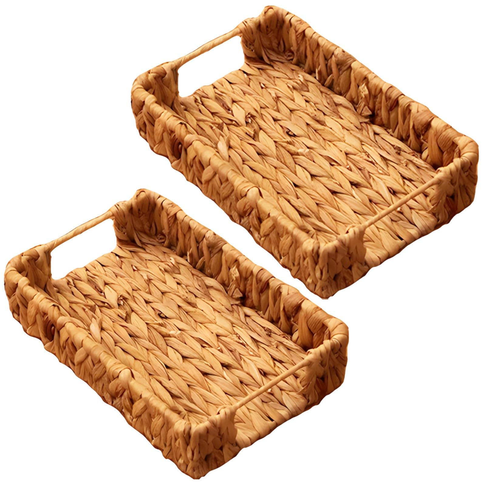 Packool 2PCS Water Hyacinth Trays, Decorative Retro Rectangle Serving Tray Organizer Tray Woven Storage Basket with Handle