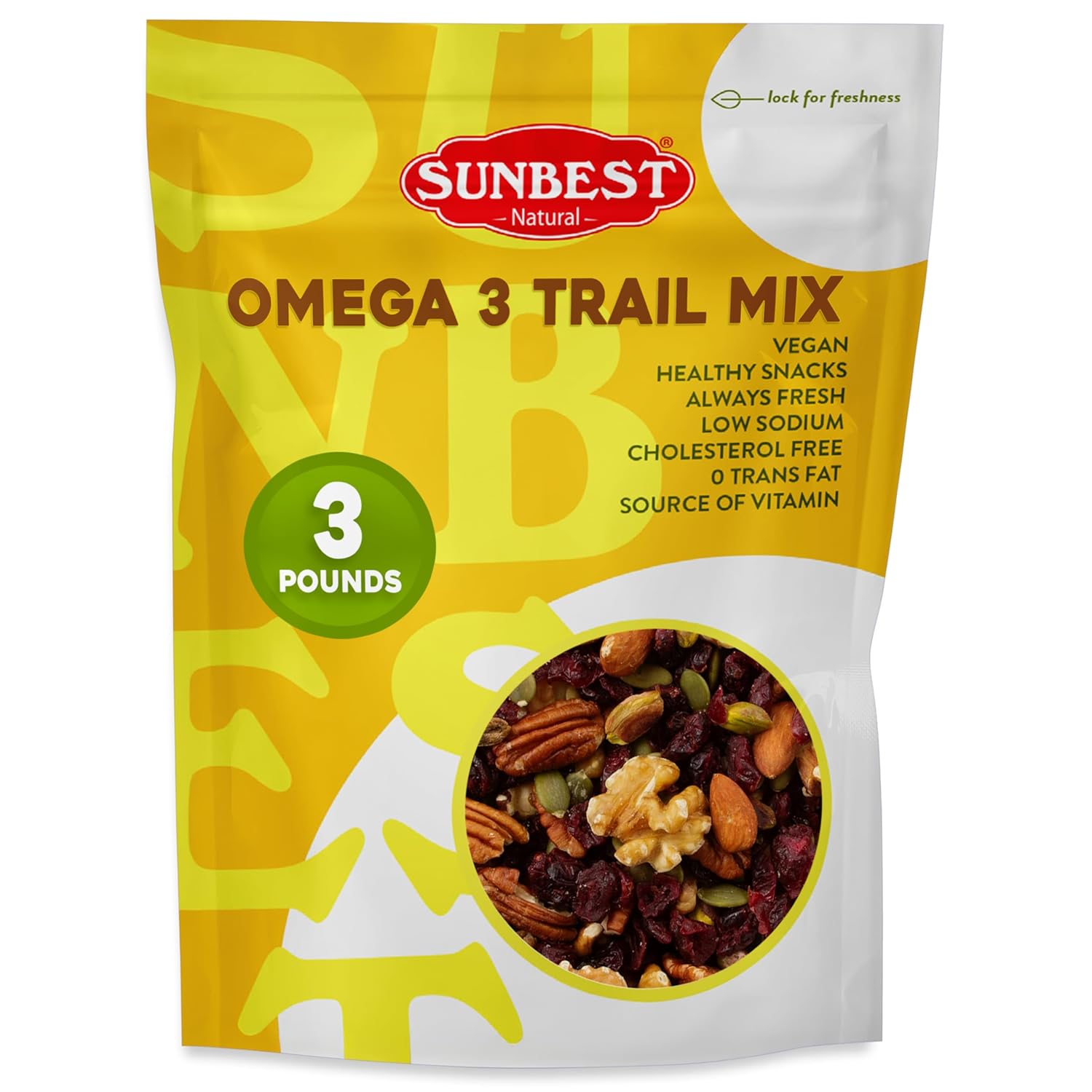 Omega-3 Trail Mix by Sunbest Natural – 3 lb Bulk Bag (48 oz) Mixed Nuts, Seeds & Dried Fruits – Non-GMO, Vegan, Healthy Snack – Perfect for On-the-Go & Outdoor Adventures