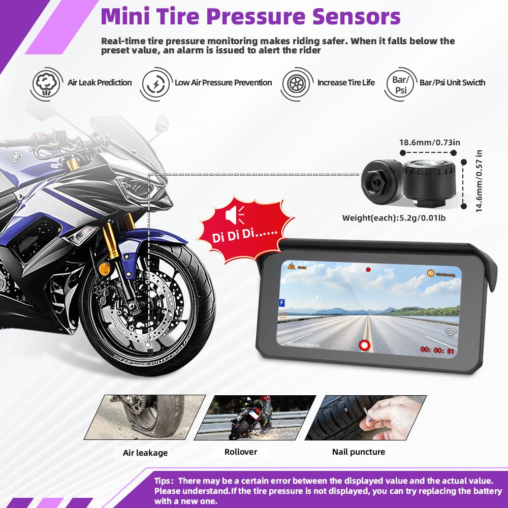 VSYSTO Dual 2K Wireless Carplay Motorrad Dashcam, 6,25 Zoll Touchscreen, 5G WLAN, Parküberwachung, Reifendrucküberwachung, Rückfahrmodus, GPS, kabelgebundener Controller, Temperaturanzeige (CS6)